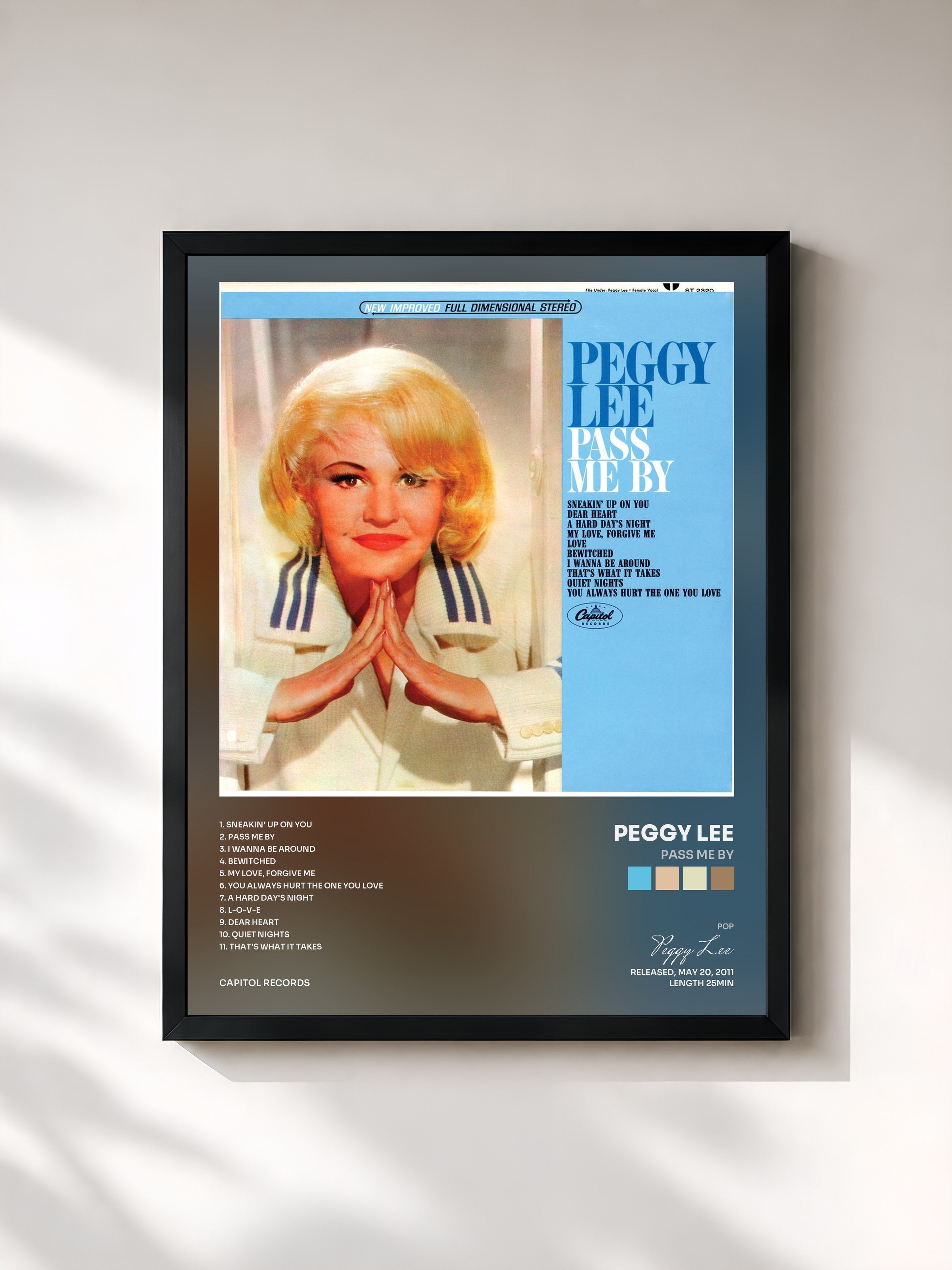 #noir Tableau de l'album Pass Me By de Peggy Lee, cadre noir, imprimé et encadré en France
