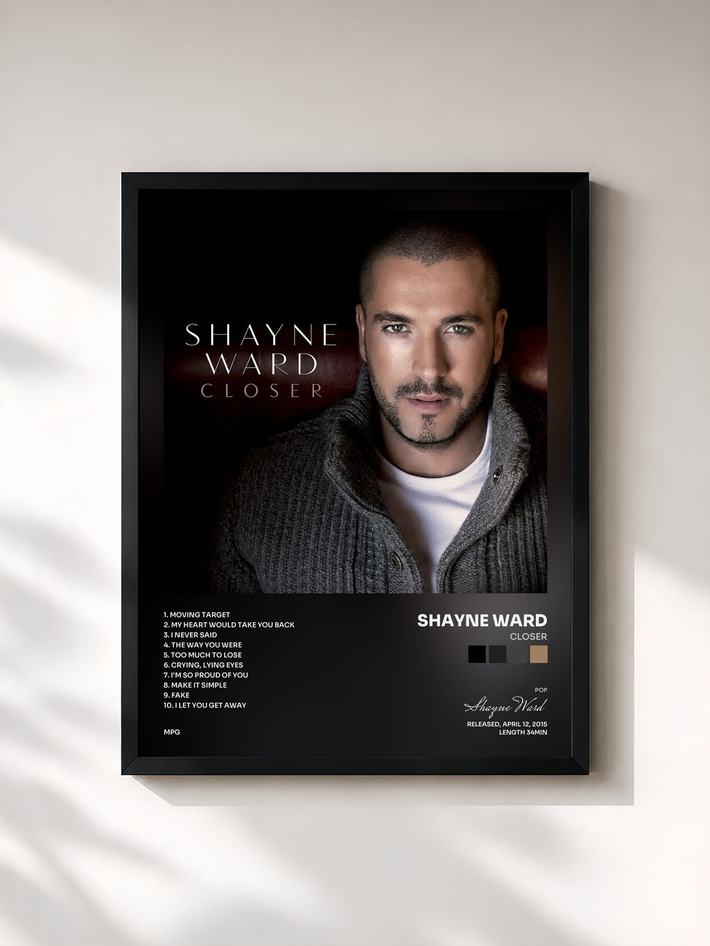 #noir Tableau de l'album Closer de Shayne Ward, cadre noir, imprimé et encadré en France