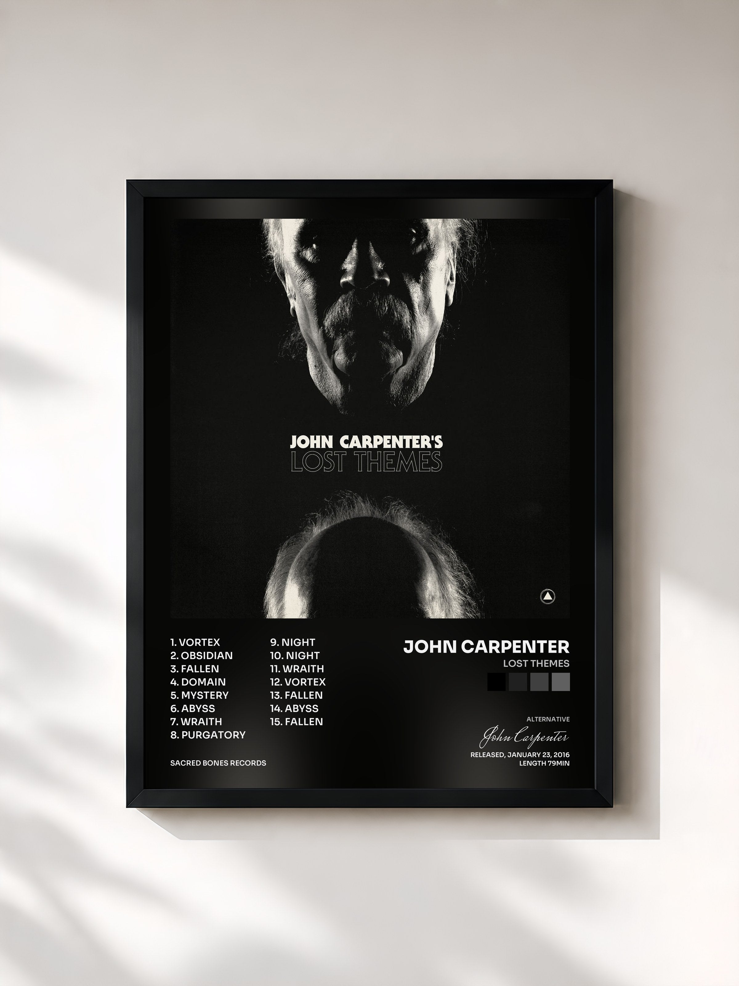 #noir Tableau de l'album Lost Themes de John Carpenter, cadre noir, imprimé et encadré en France