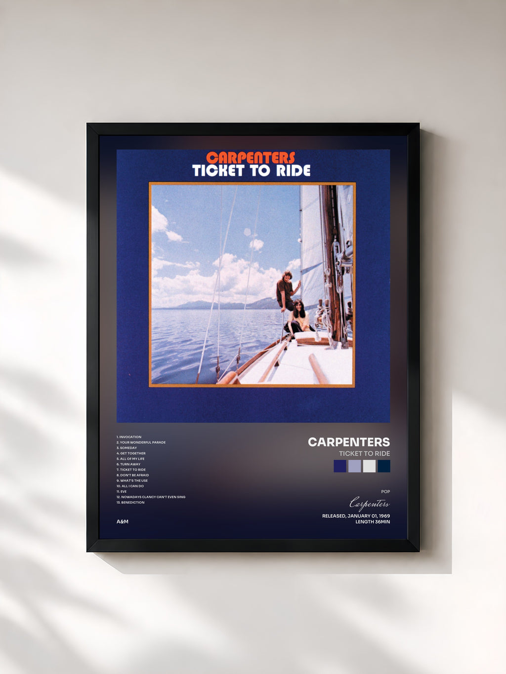 #noir Tableau de l'album Ticket To Ride de Carpenters, cadre noir, imprimé et encadré en France