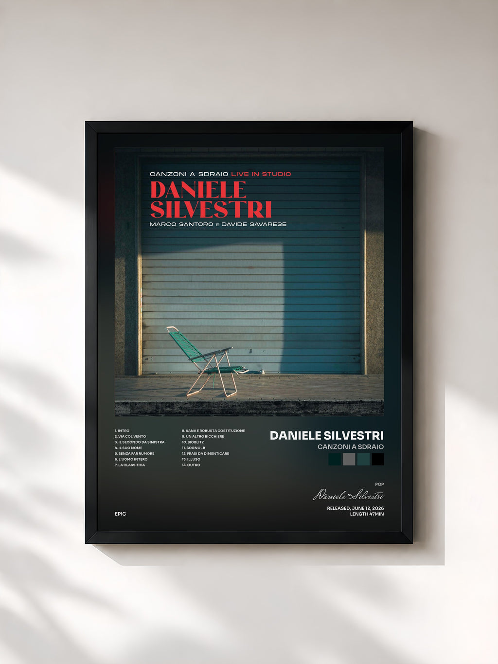 #noir Tableau de l'album Canzoni a sdraio de Daniele Silvestri, cadre noir, imprimé et encadré en France