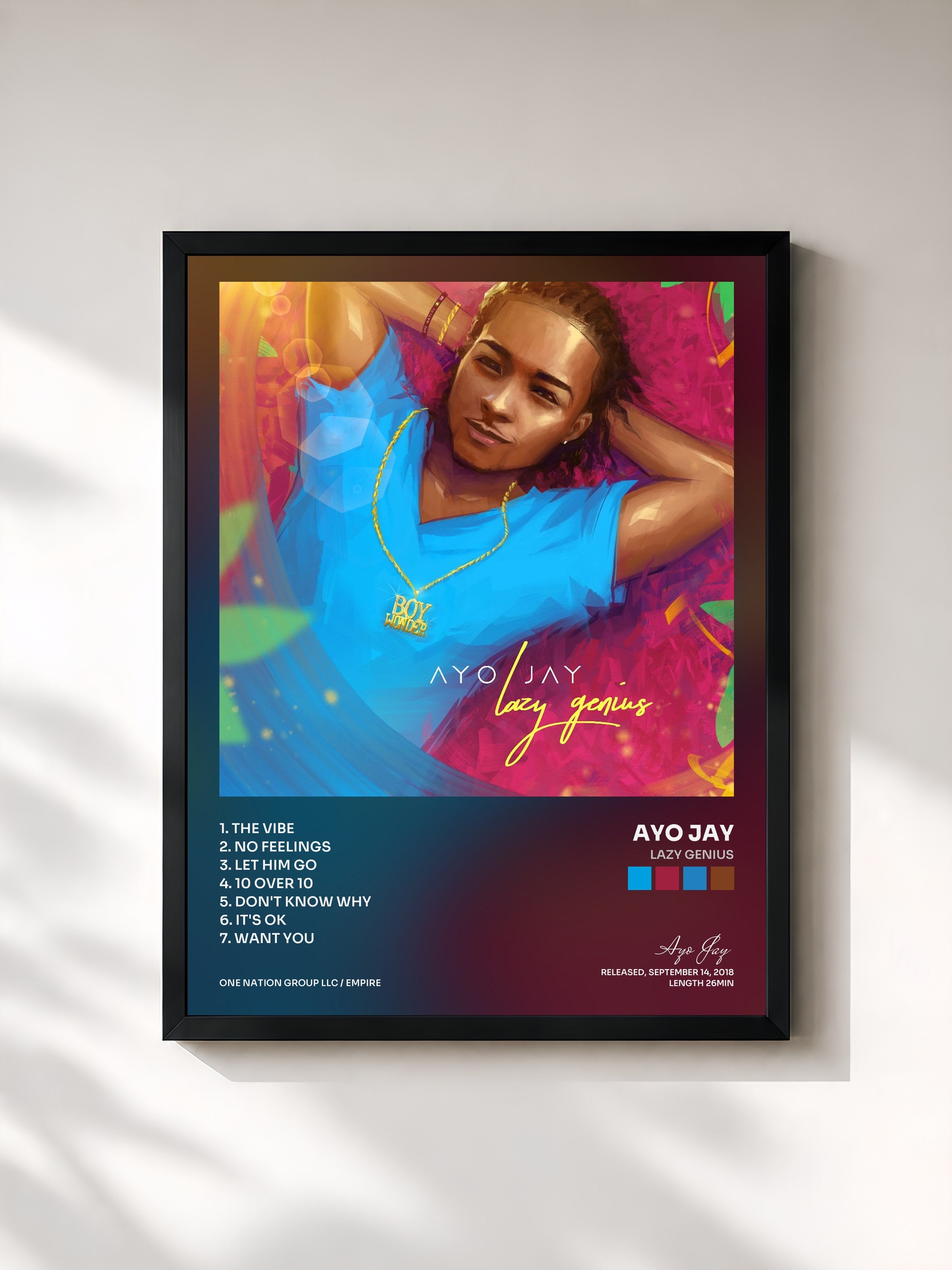 #noir Tableau de l'album Lazy Genius de Ayo Jay, cadre noir, imprimé et encadré en France