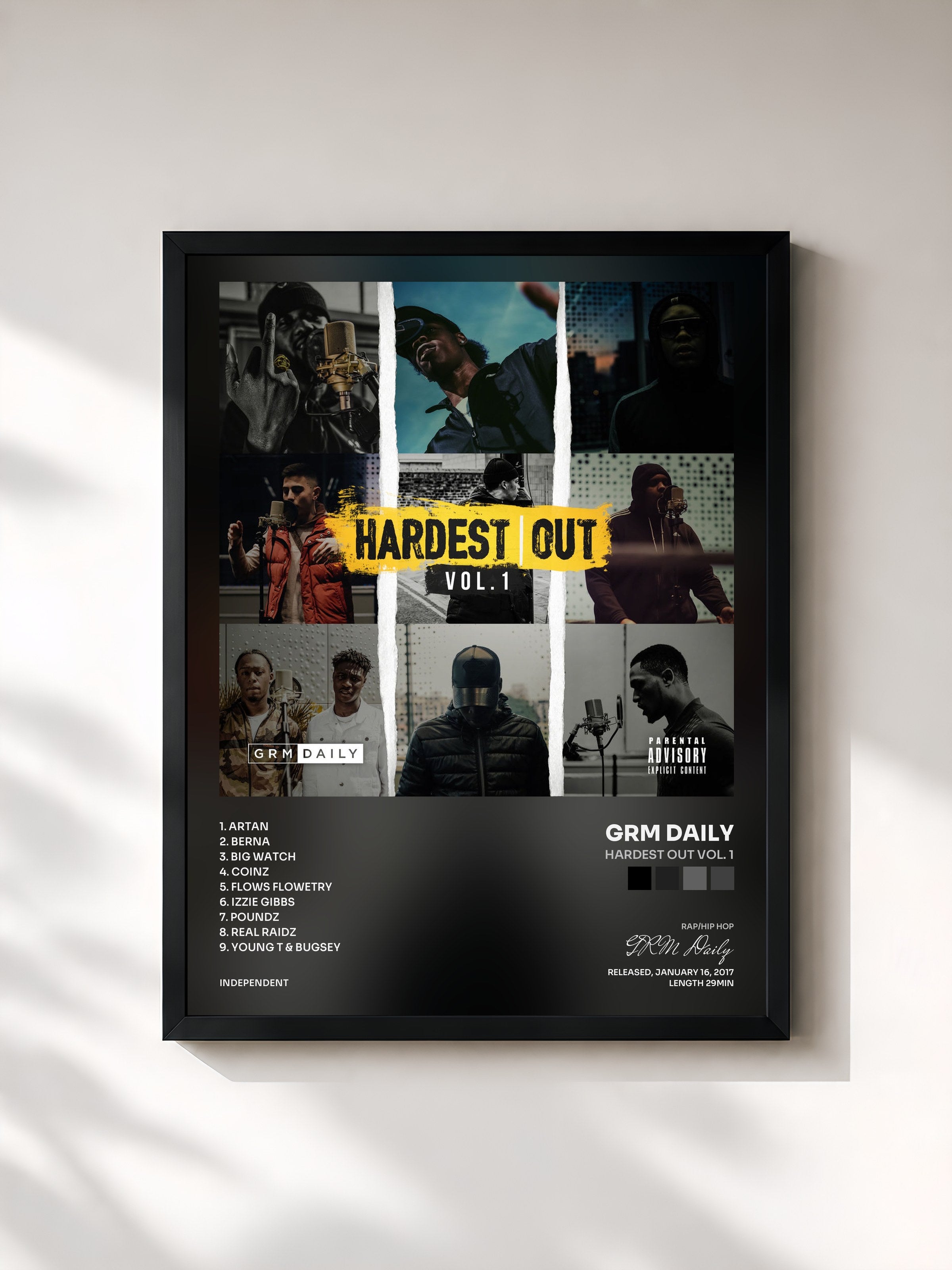 #noir Tableau de l'album Hardest Out Vol. 1 de GRM Daily, cadre noir, imprimé et encadré en France