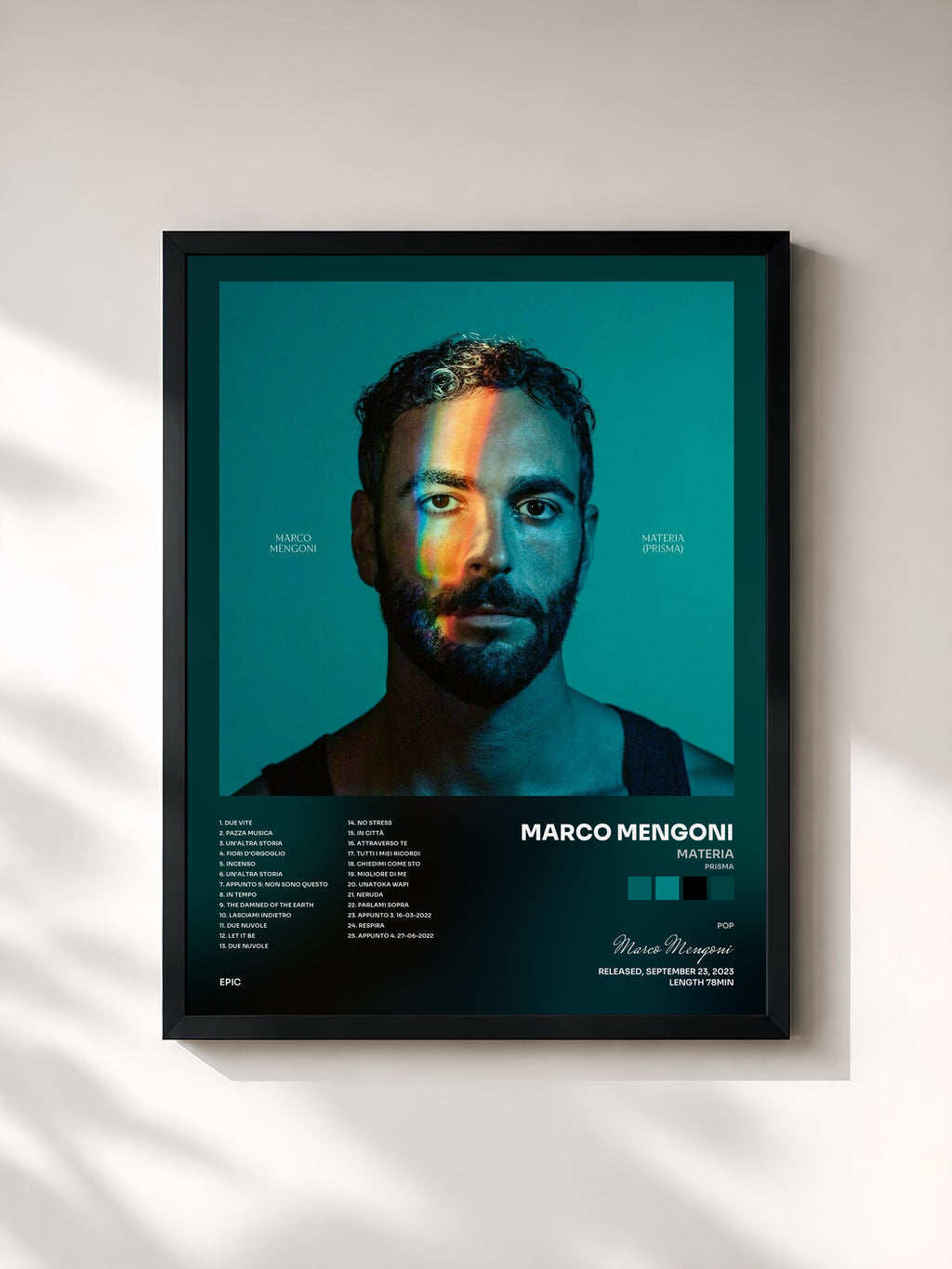 #noir Tableau de l'album MATERIA (PRISMA) de Marco Mengoni, cadre noir, imprimé et encadré en France