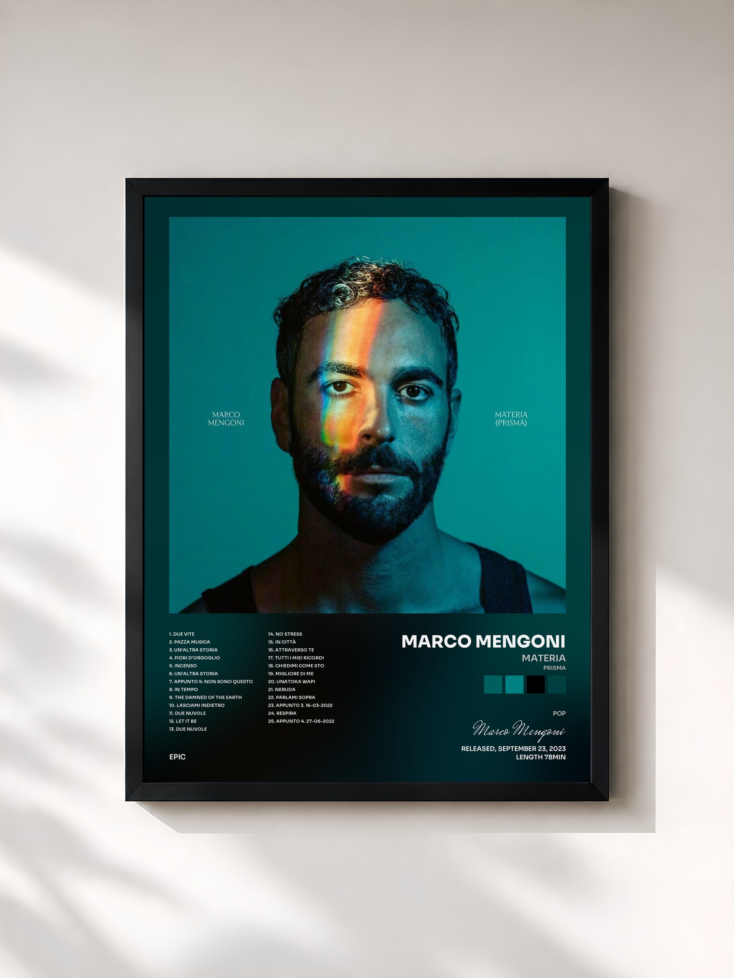 #noir Tableau de l'album MATERIA (PRISMA) de Marco Mengoni, cadre noir, imprimé et encadré en France