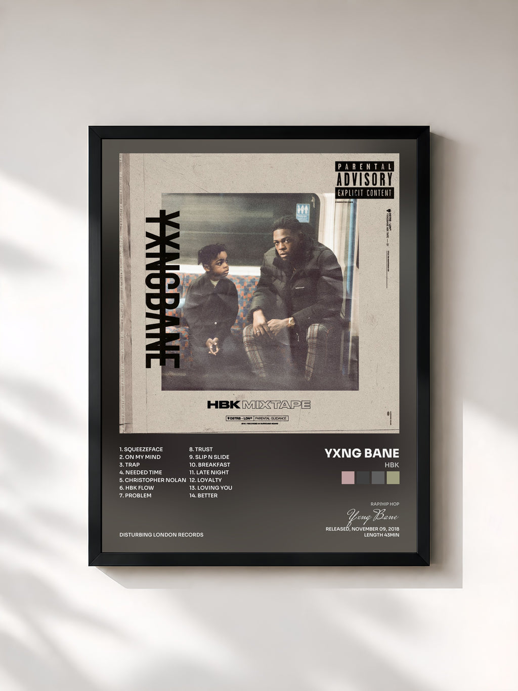 #noir Tableau de l'album HBK de Yxng Bane, cadre noir, imprimé et encadré en France