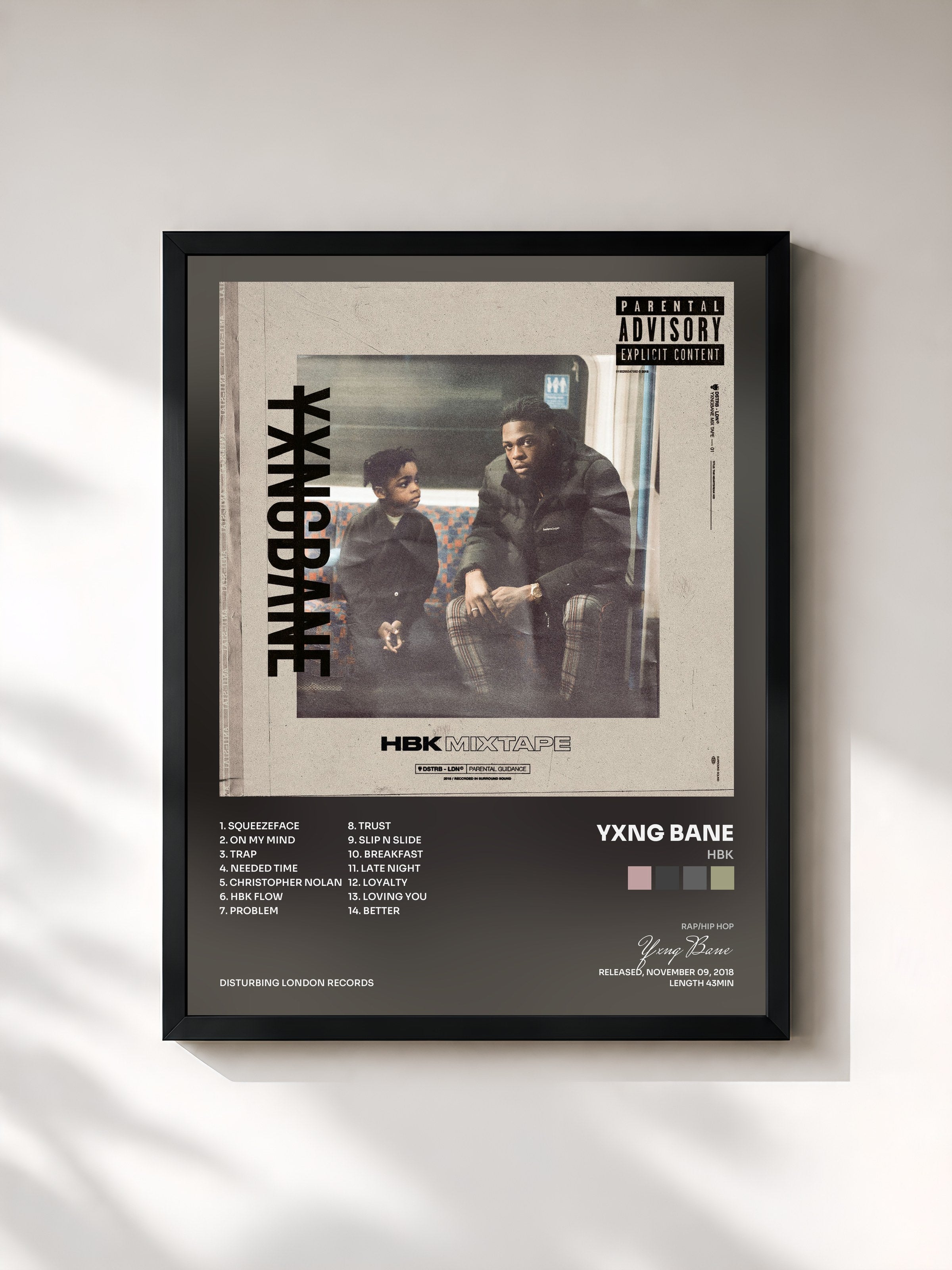 #noir Tableau de l'album HBK de Yxng Bane, cadre noir, imprimé et encadré en France