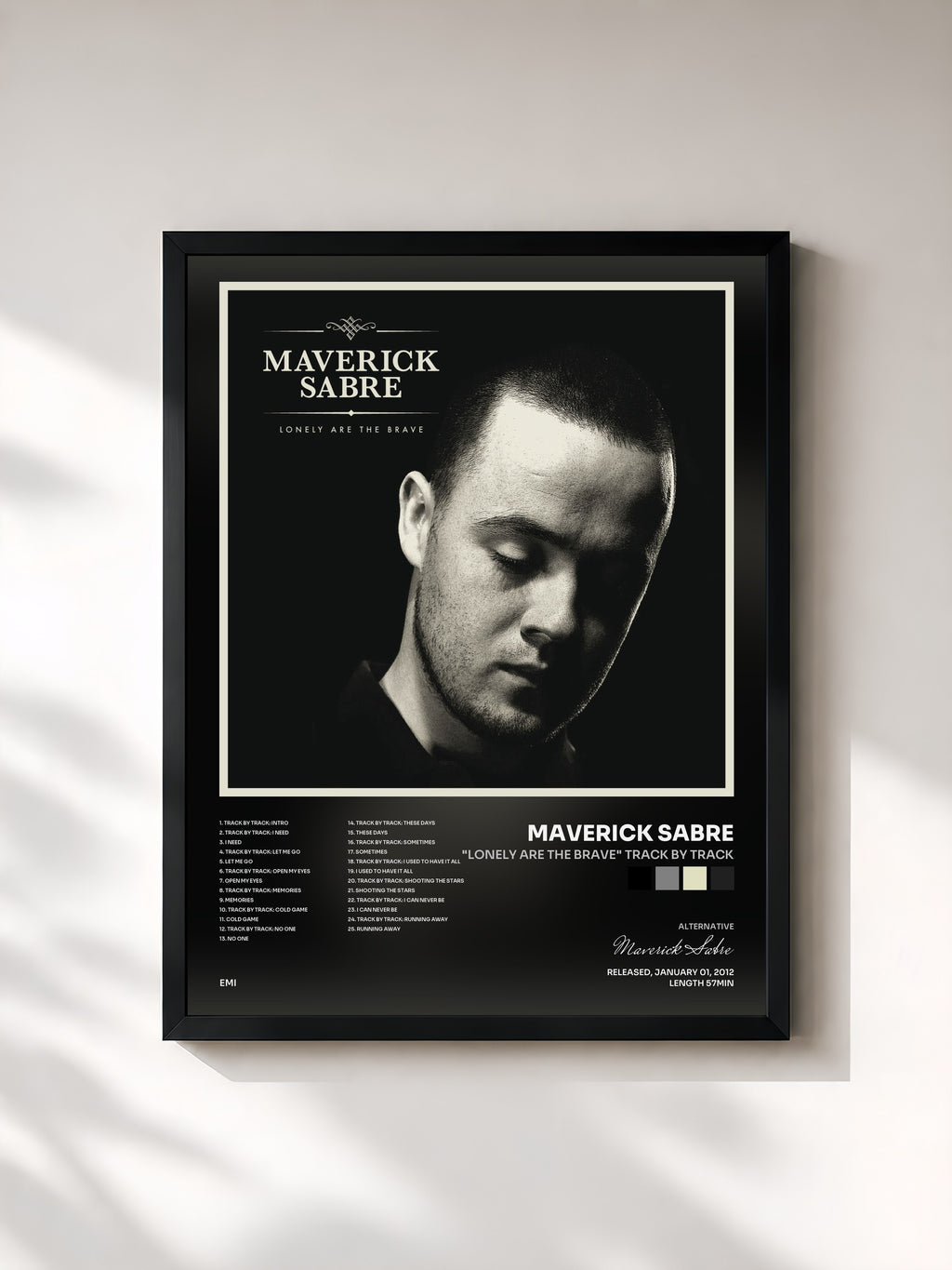 #noir Tableau de l'album "Lonely Are The Brave" Track By Track de Maverick Sabre, cadre noir, imprimé et encadré en France