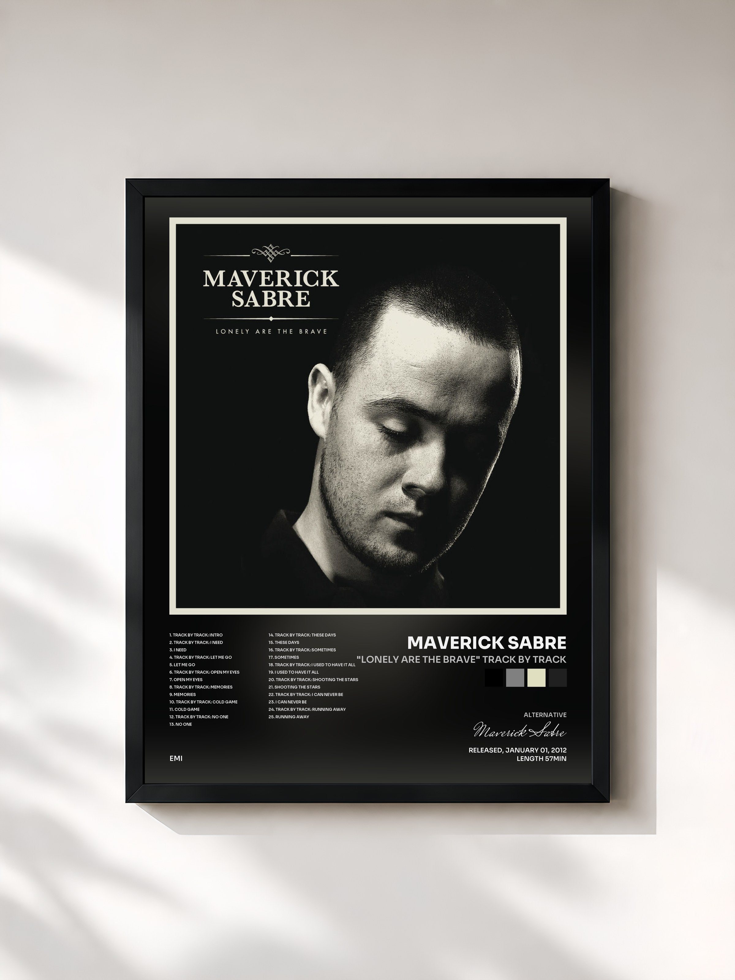 #noir Tableau de l'album "Lonely Are The Brave" Track By Track de Maverick Sabre, cadre noir, imprimé et encadré en France
