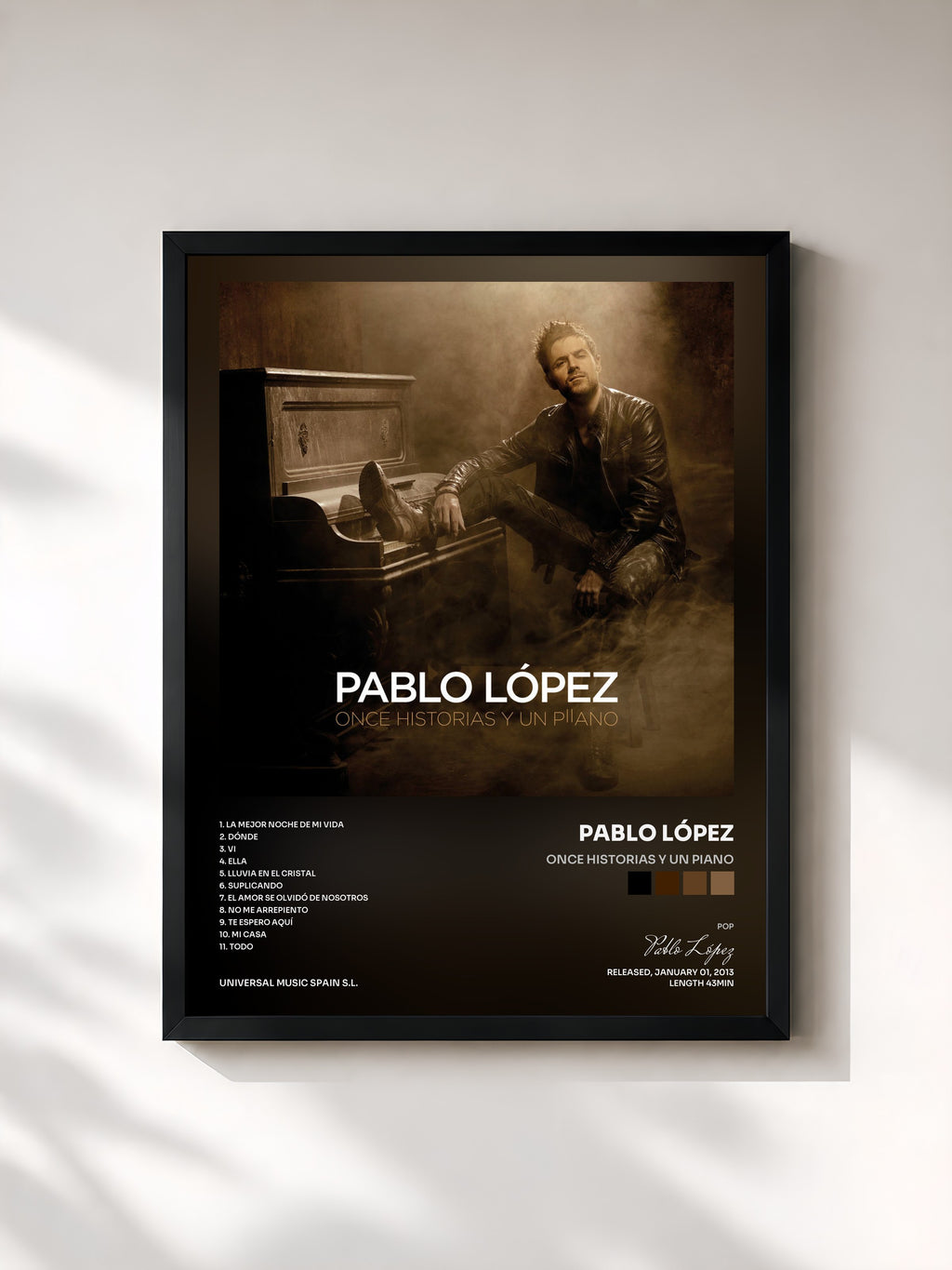 #noir Tableau de l'album Once Historias Y Un Piano de Pablo López, cadre noir, imprimé et encadré en France