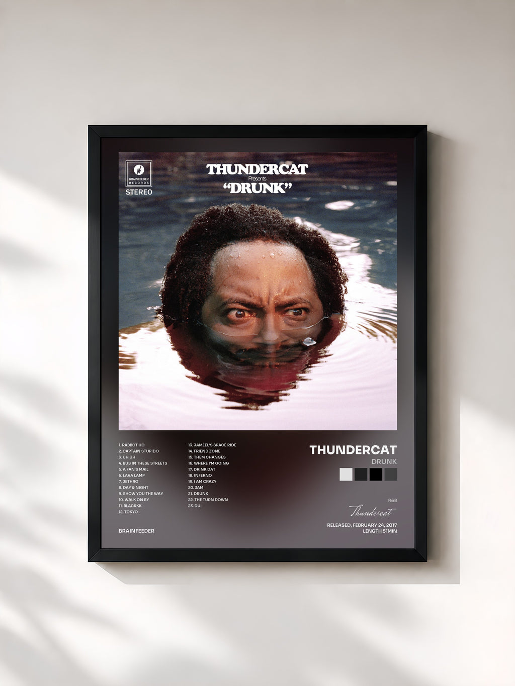 #noir Tableau de l'album Drunk de Thundercat, cadre noir, imprimé et encadré en France