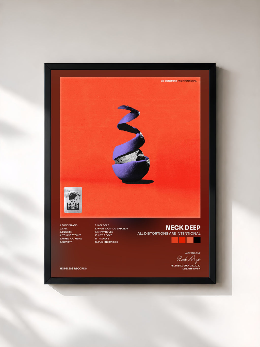 #noir Tableau de l'album All Distortions Are Intentional de Neck Deep, cadre noir, imprimé et encadré en France