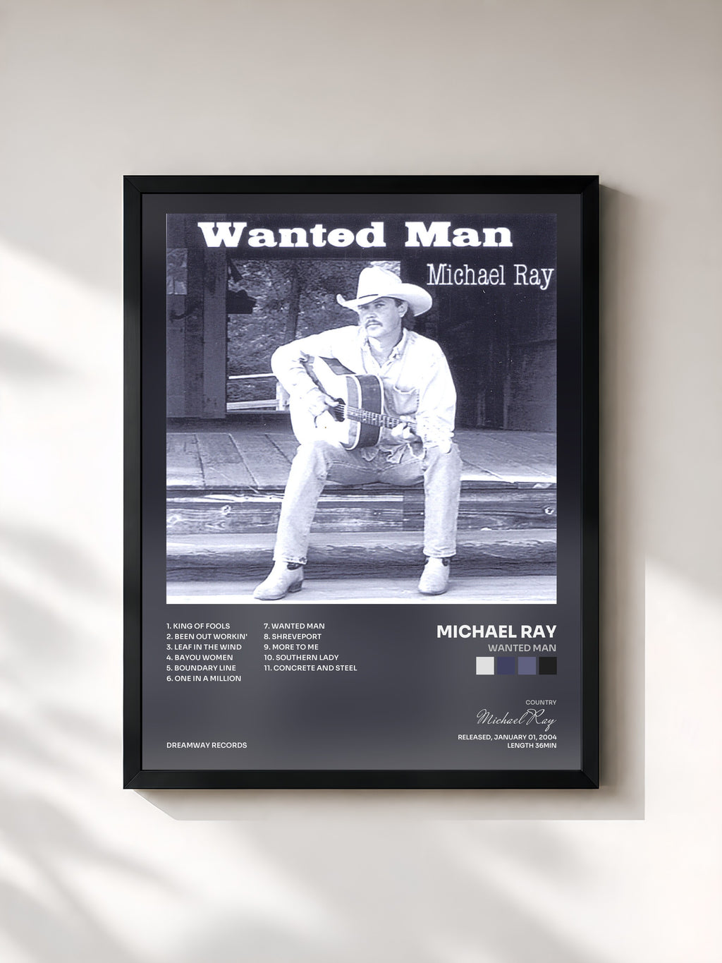#noir Tableau de l'album Wanted Man de Michael Ray, cadre noir, imprimé et encadré en France