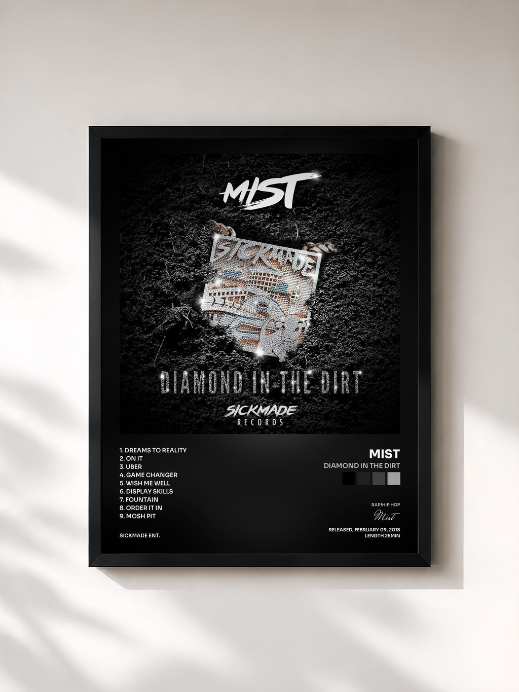 #noir Tableau de l'album Diamond in the Dirt de Mist, cadre noir, imprimé et encadré en France