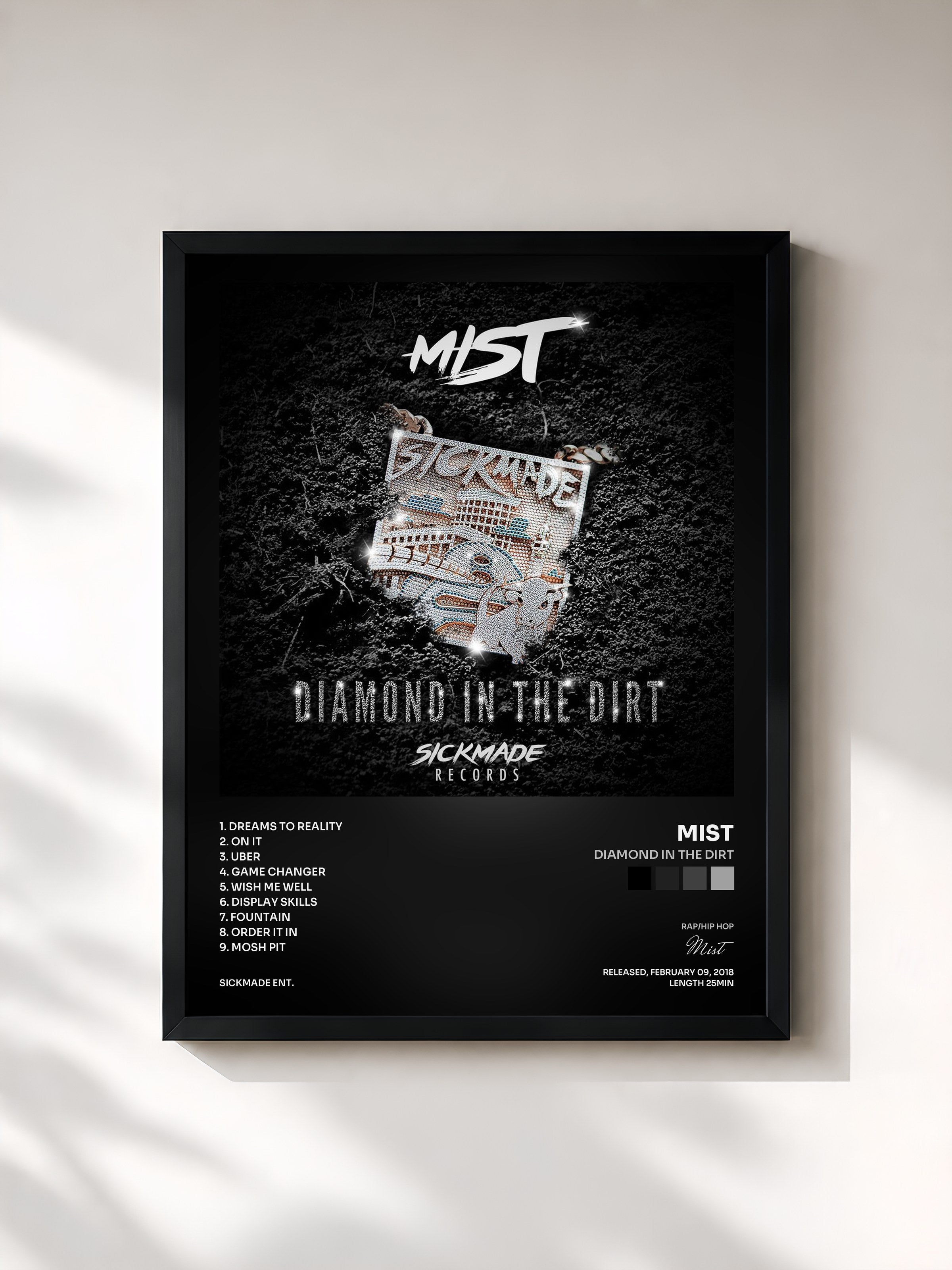 #noir Tableau de l'album Diamond in the Dirt de Mist, cadre noir, imprimé et encadré en France