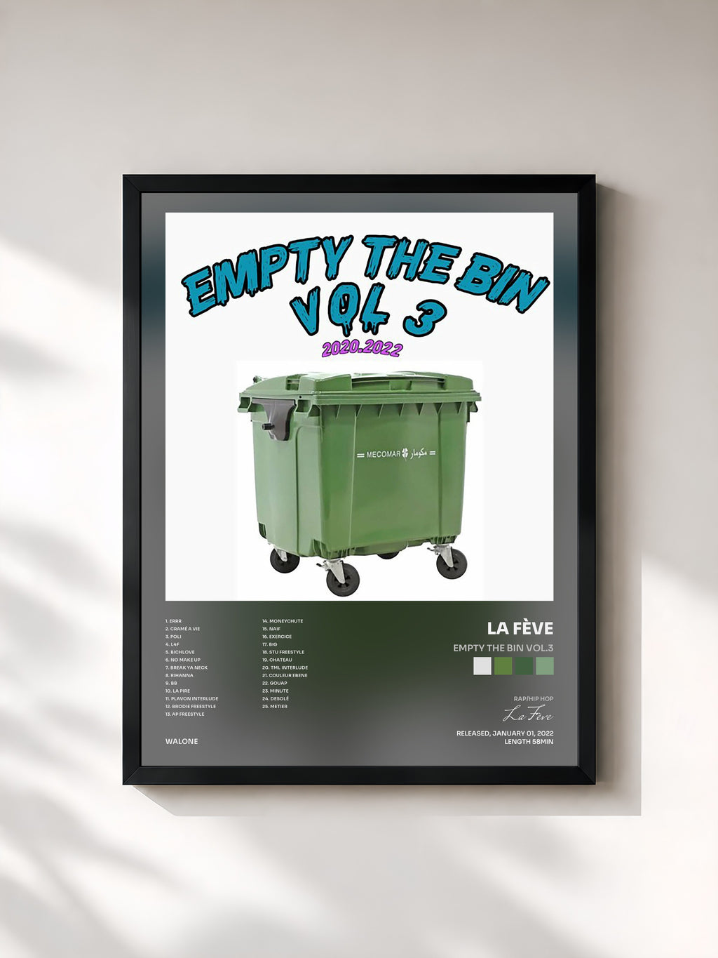 #noir Tableau de l'album EMPTY THE BIN VOL.3 de La Fève, cadre noir, imprimé et encadré en France