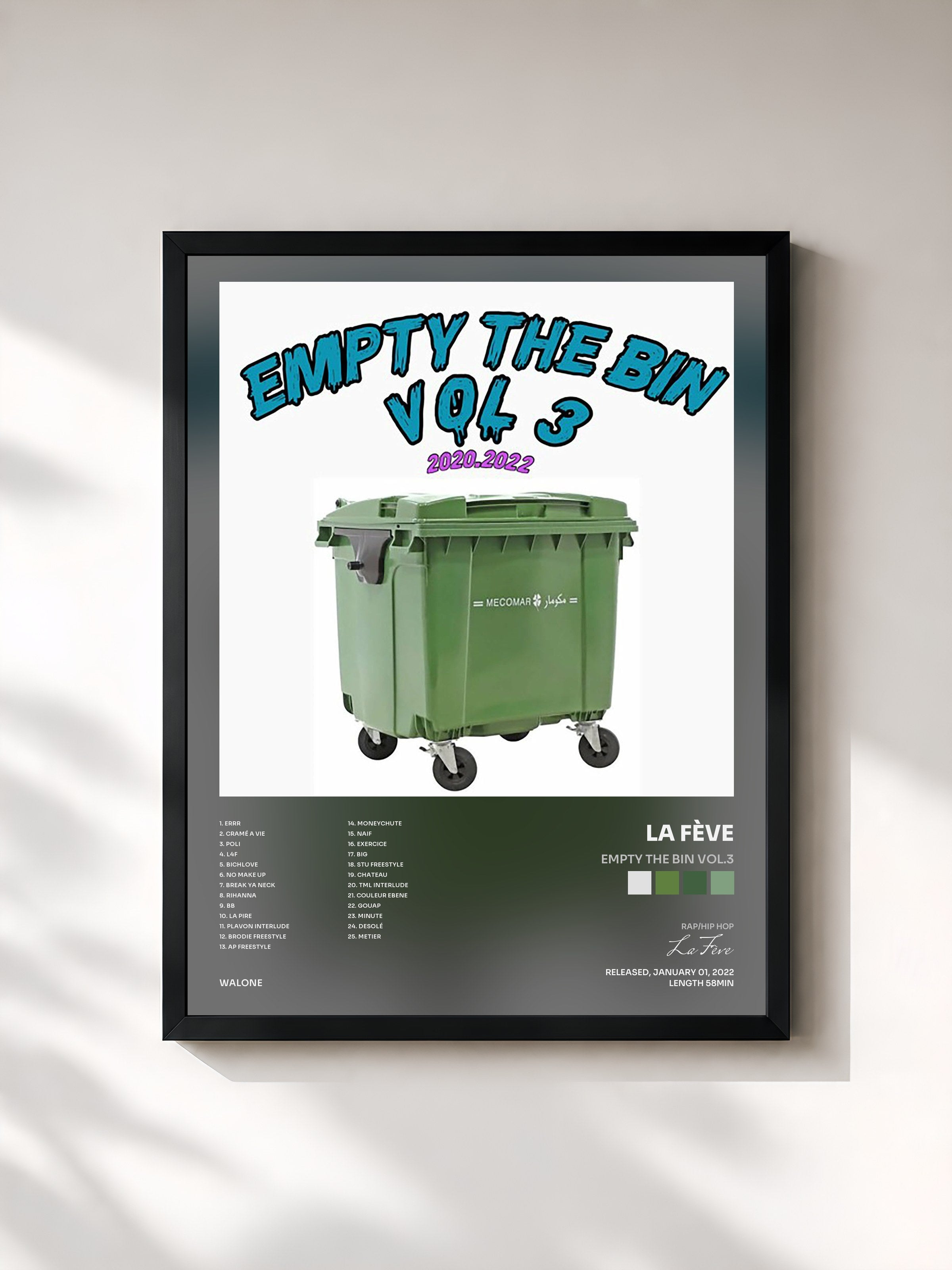 #noir Tableau de l'album EMPTY THE BIN VOL.3 de La Fève, cadre noir, imprimé et encadré en France