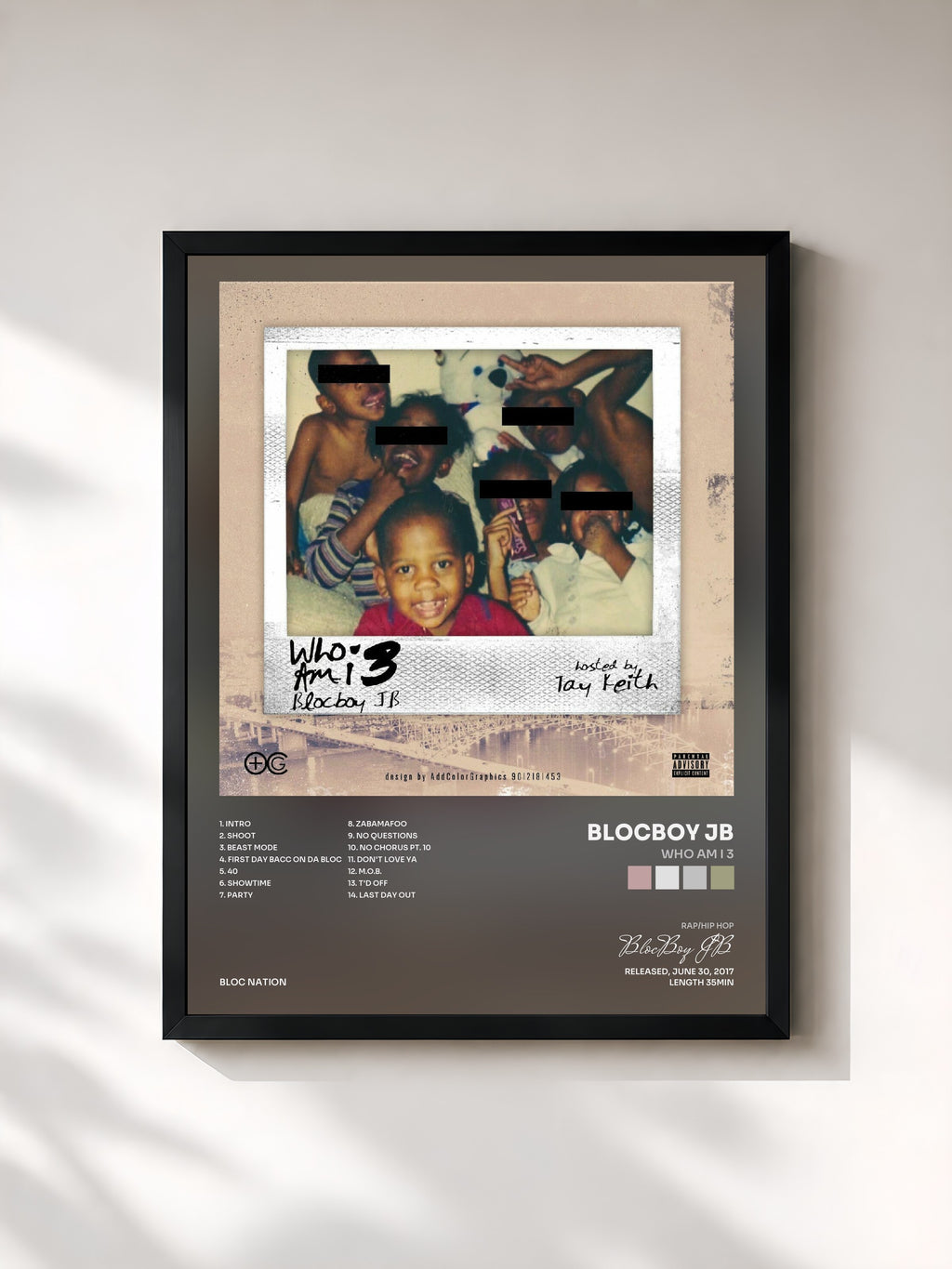 #noir Tableau de l'album Who Am I 3 de BlocBoy JB, cadre noir, imprimé et encadré en France