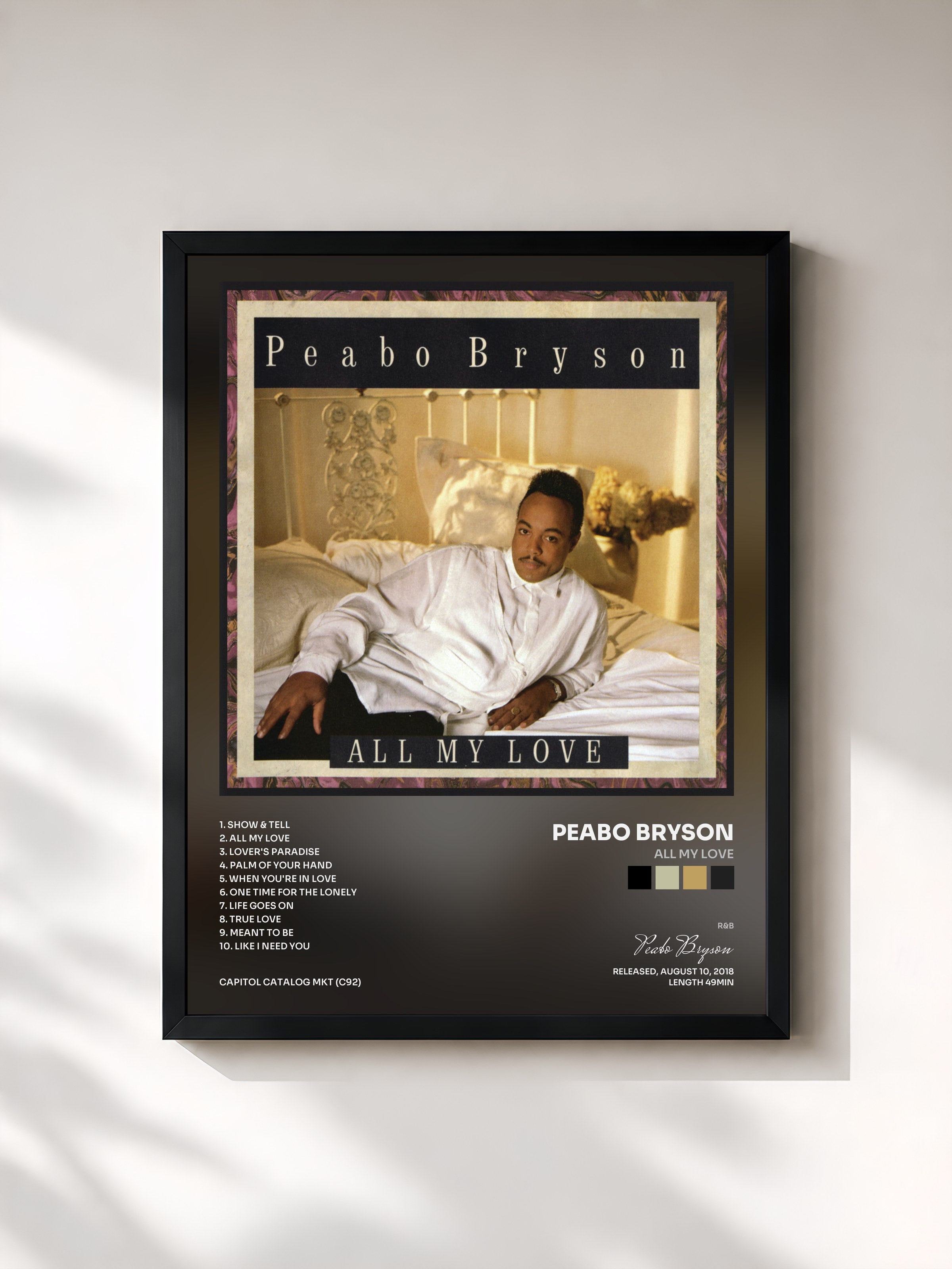#noir Tableau de l'album All My Love de Peabo Bryson, cadre noir, imprimé et encadré en France