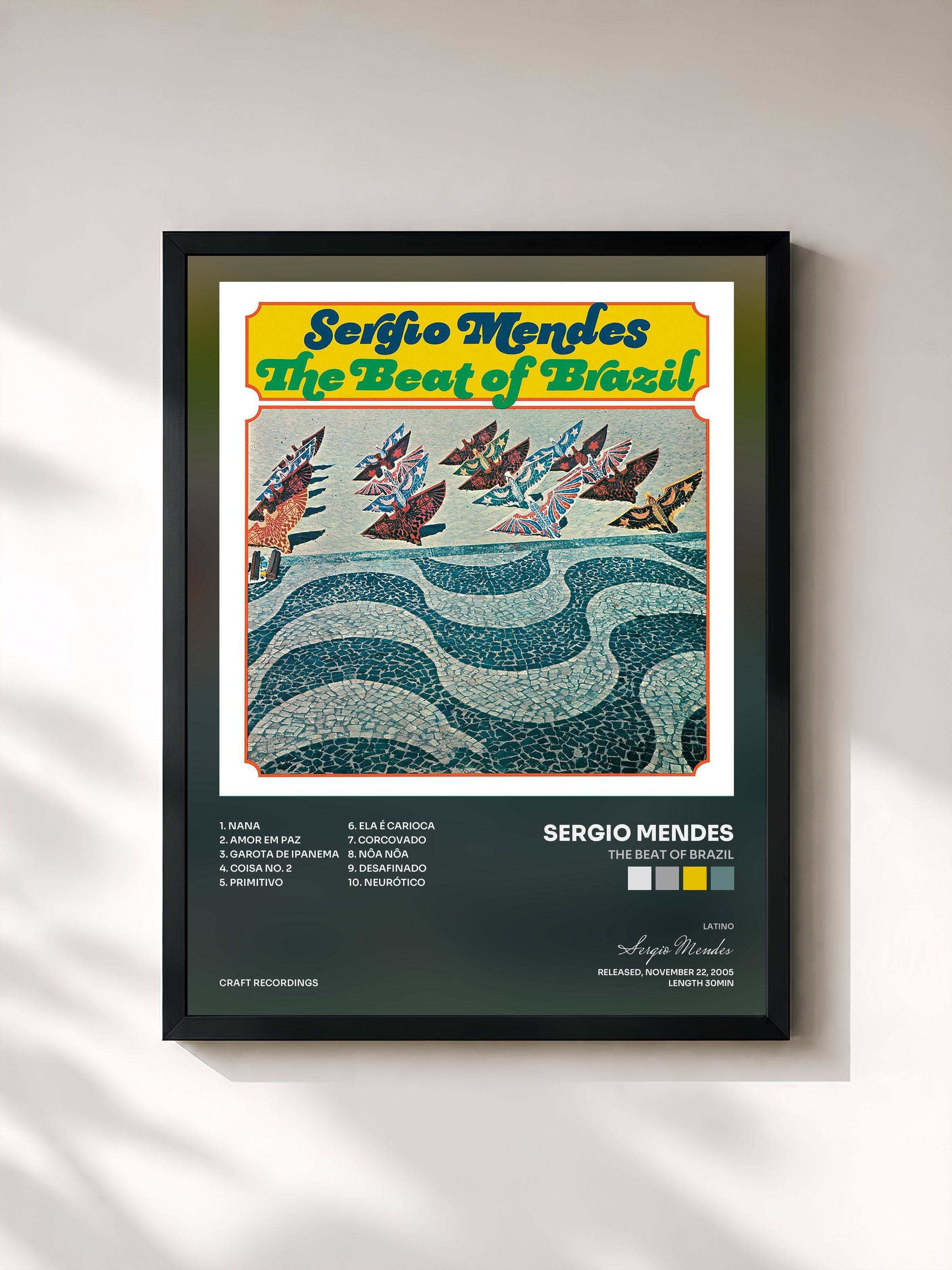#noir Tableau de l'album The Beat Of Brazil de Sergio Mendes, cadre noir, imprimé et encadré en France