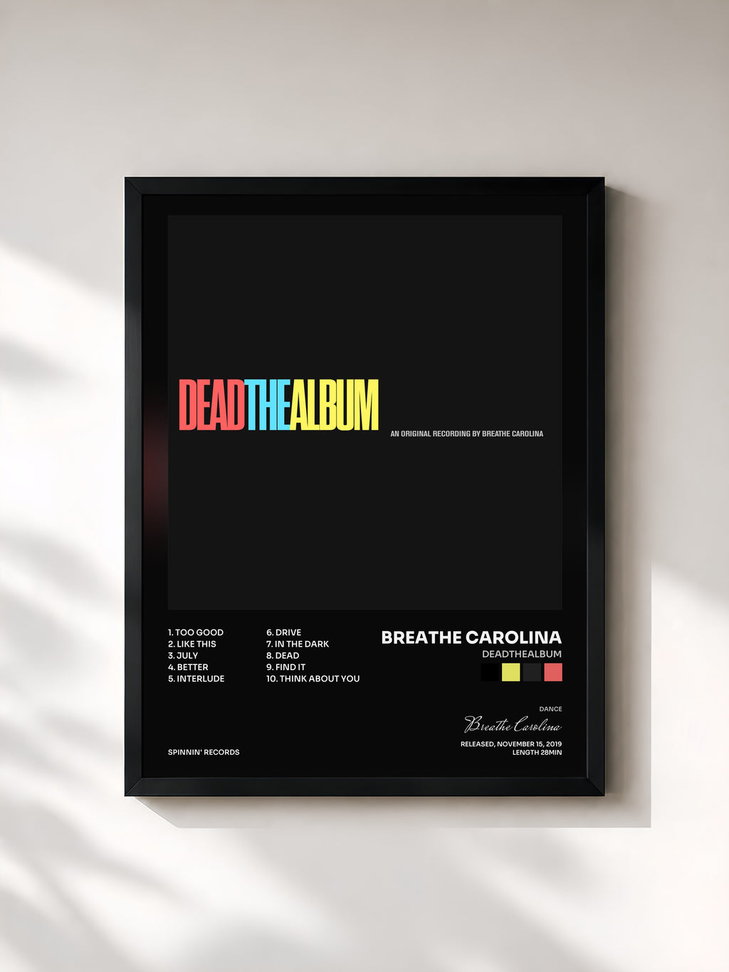 #noir Tableau de l'album DEADTHEALBUM de Breathe Carolina, cadre noir, imprimé et encadré en France