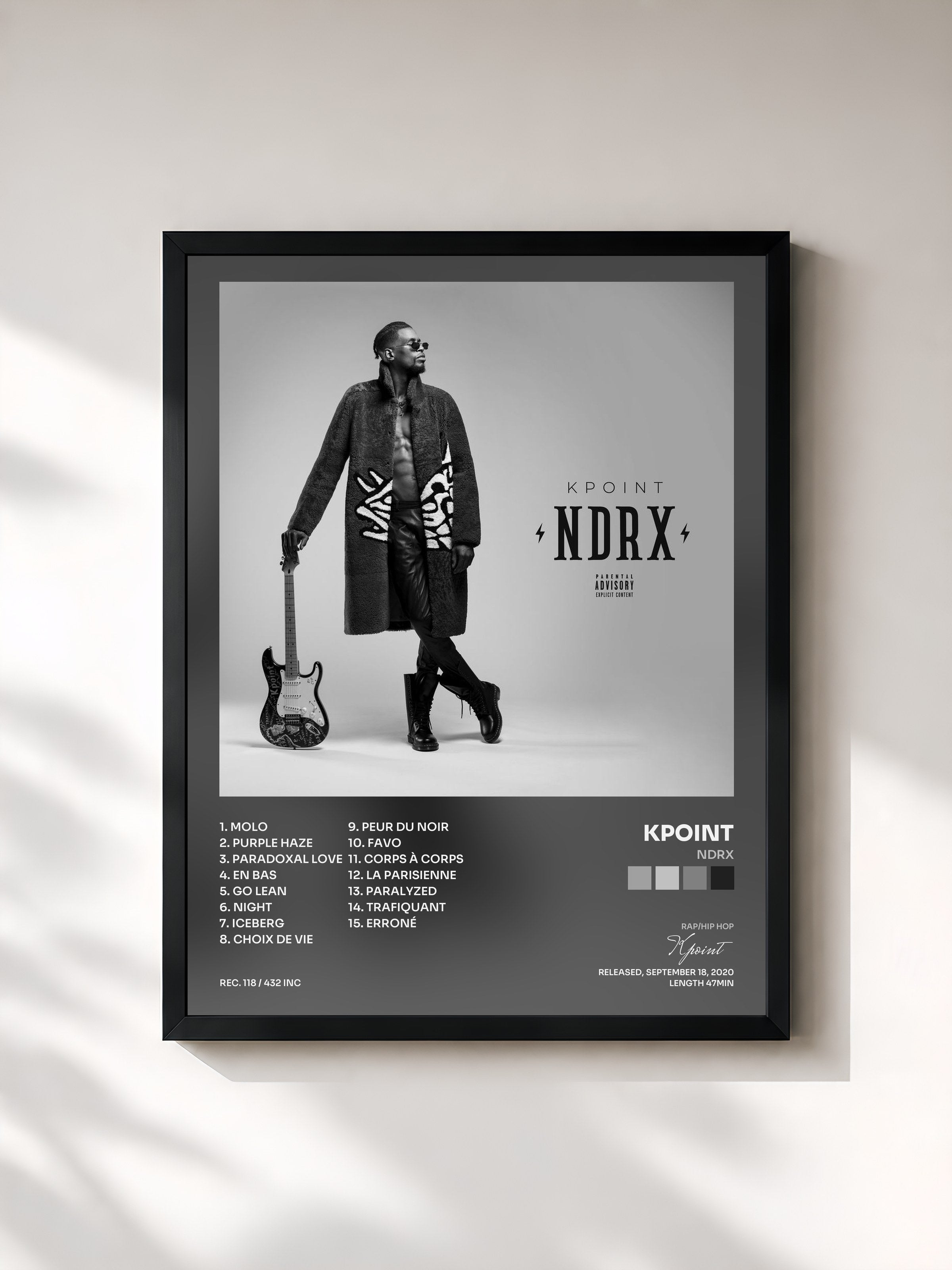 #noir Tableau de l'album NDRX de Kpoint, cadre noir, imprimé et encadré en France