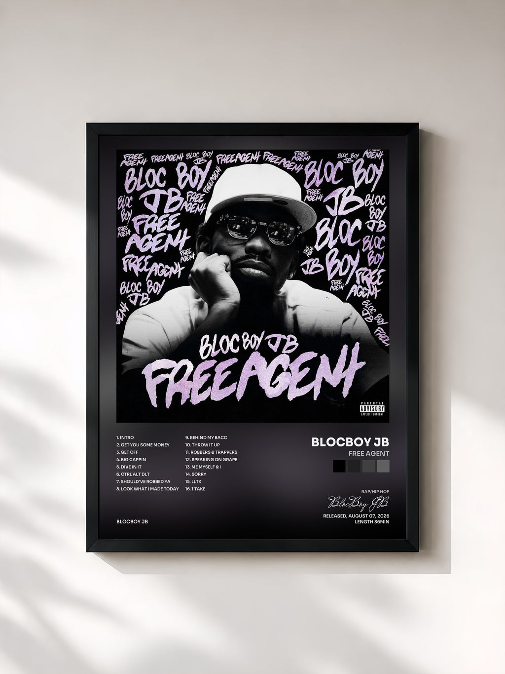 #noir Tableau de l'album Free Agent de BlocBoy JB, cadre noir, imprimé et encadré en France