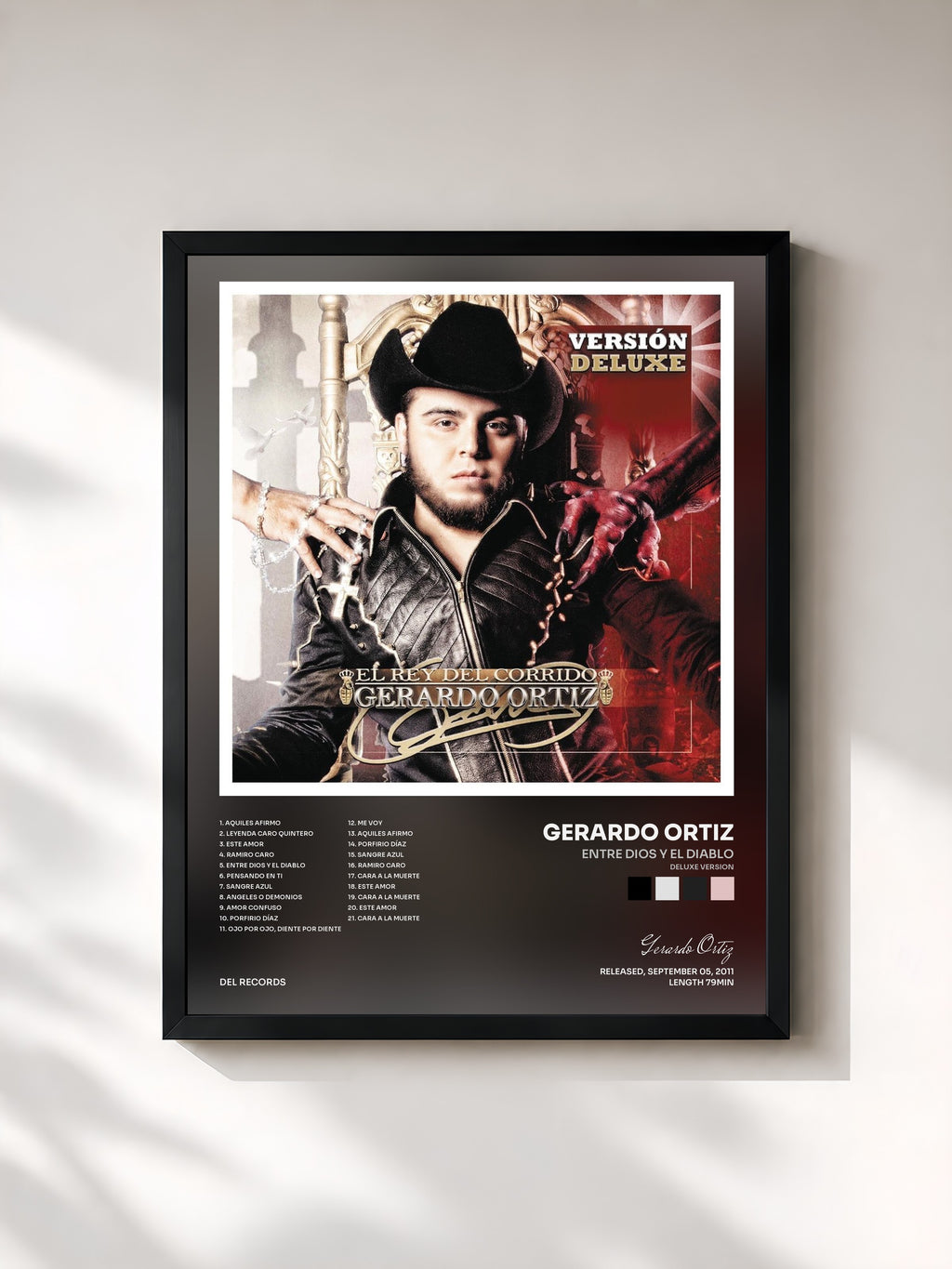 #noir Tableau de l'album Entre Dios y El Diablo (Deluxe Version) de Gerardo Ortiz, cadre noir, imprimé et encadré en France