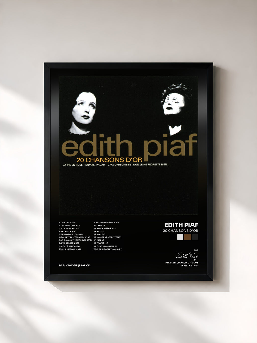 #noir Tableau de l'album 20 chansons d'or de Edith Piaf, cadre noir, imprimé et encadré en France