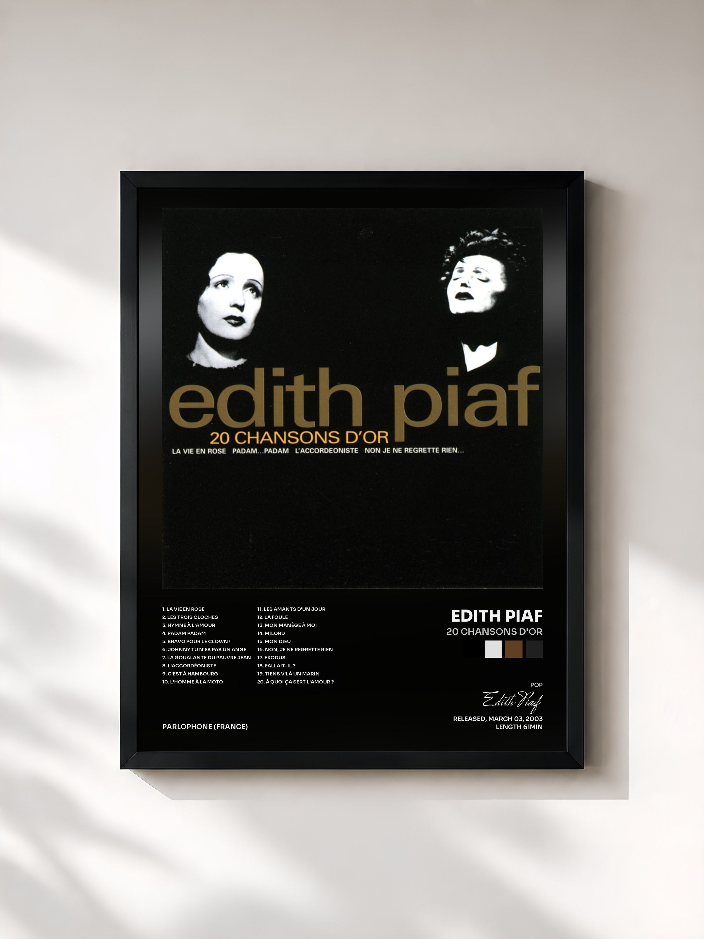 #noir Tableau de l'album 20 chansons d'or de Edith Piaf, cadre noir, imprimé et encadré en France