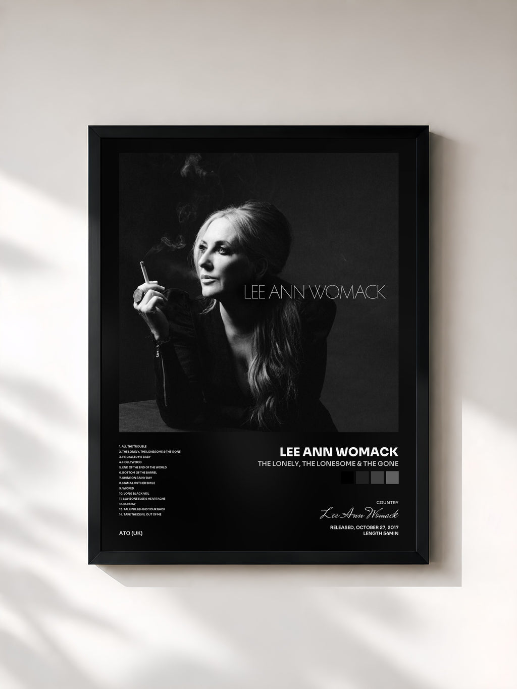 #noir Tableau de l'album The Lonely, the Lonesome & the Gone de Lee Ann Womack, cadre noir, imprimé et encadré en France