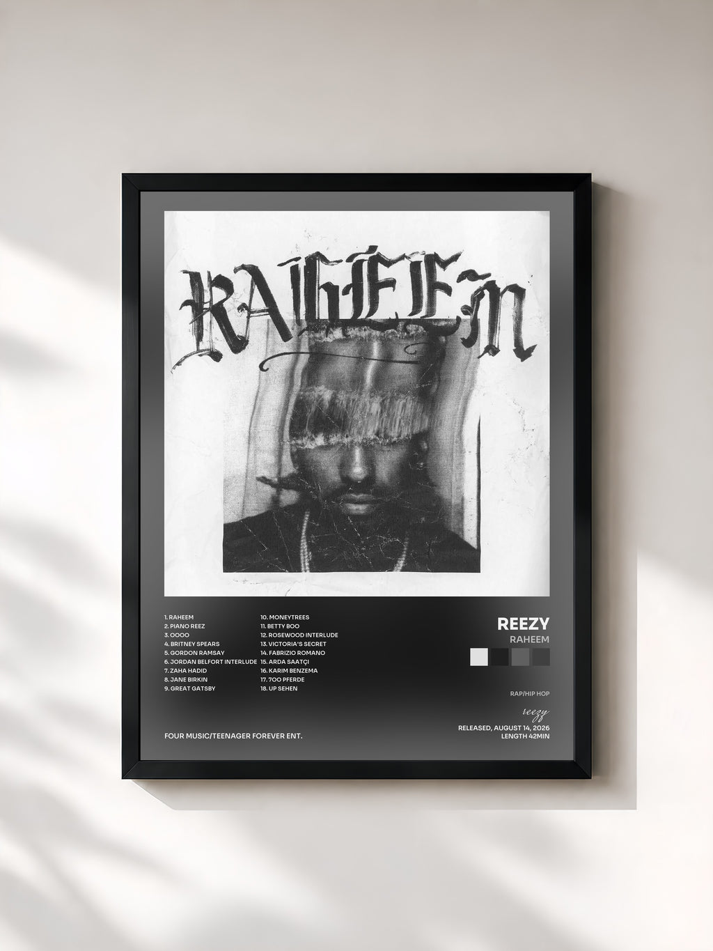 #noir Tableau de l'album RAHEEM de reezy, cadre noir, imprimé et encadré en France