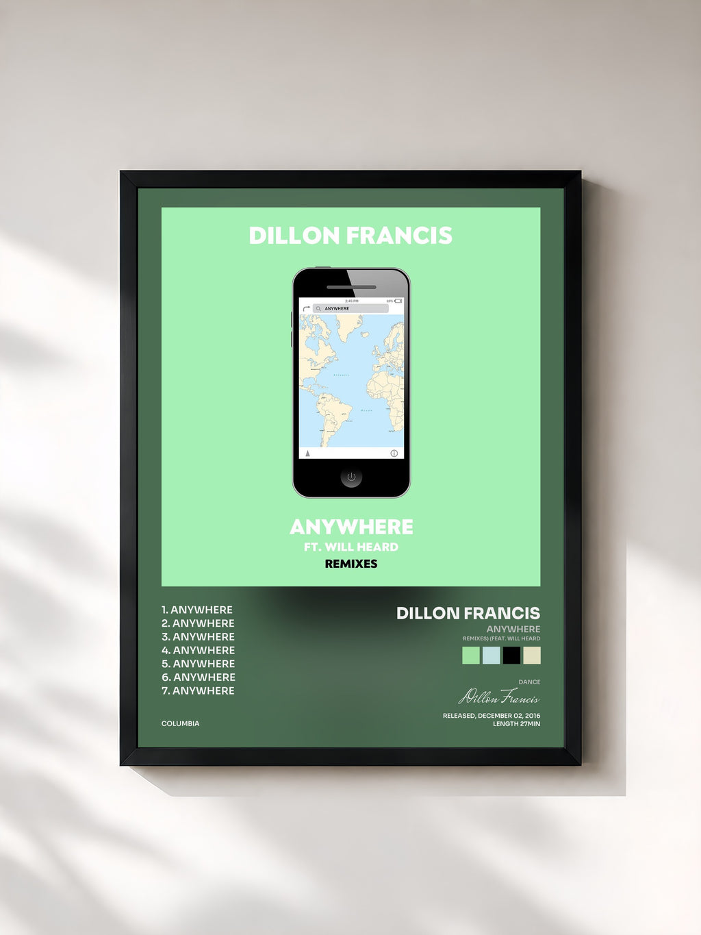 #noir Tableau de l'album Anywhere (Remixes) (feat. Will Heard) de Dillon Francis, cadre noir, imprimé et encadré en France