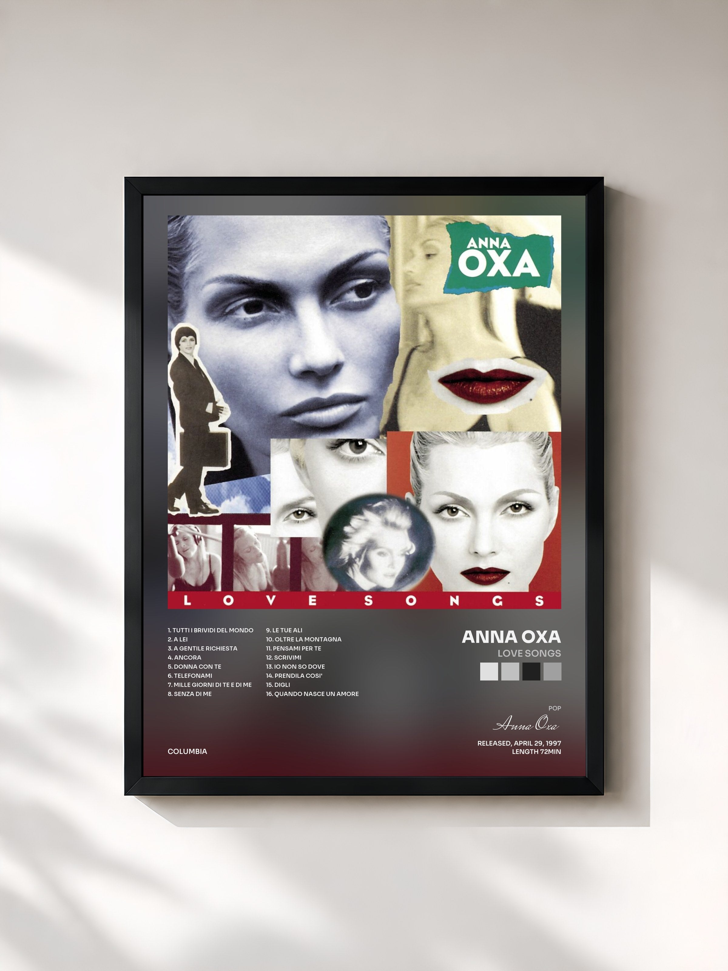 #noir Tableau de l'album Love Songs de Anna Oxa, cadre noir, imprimé et encadré en France
