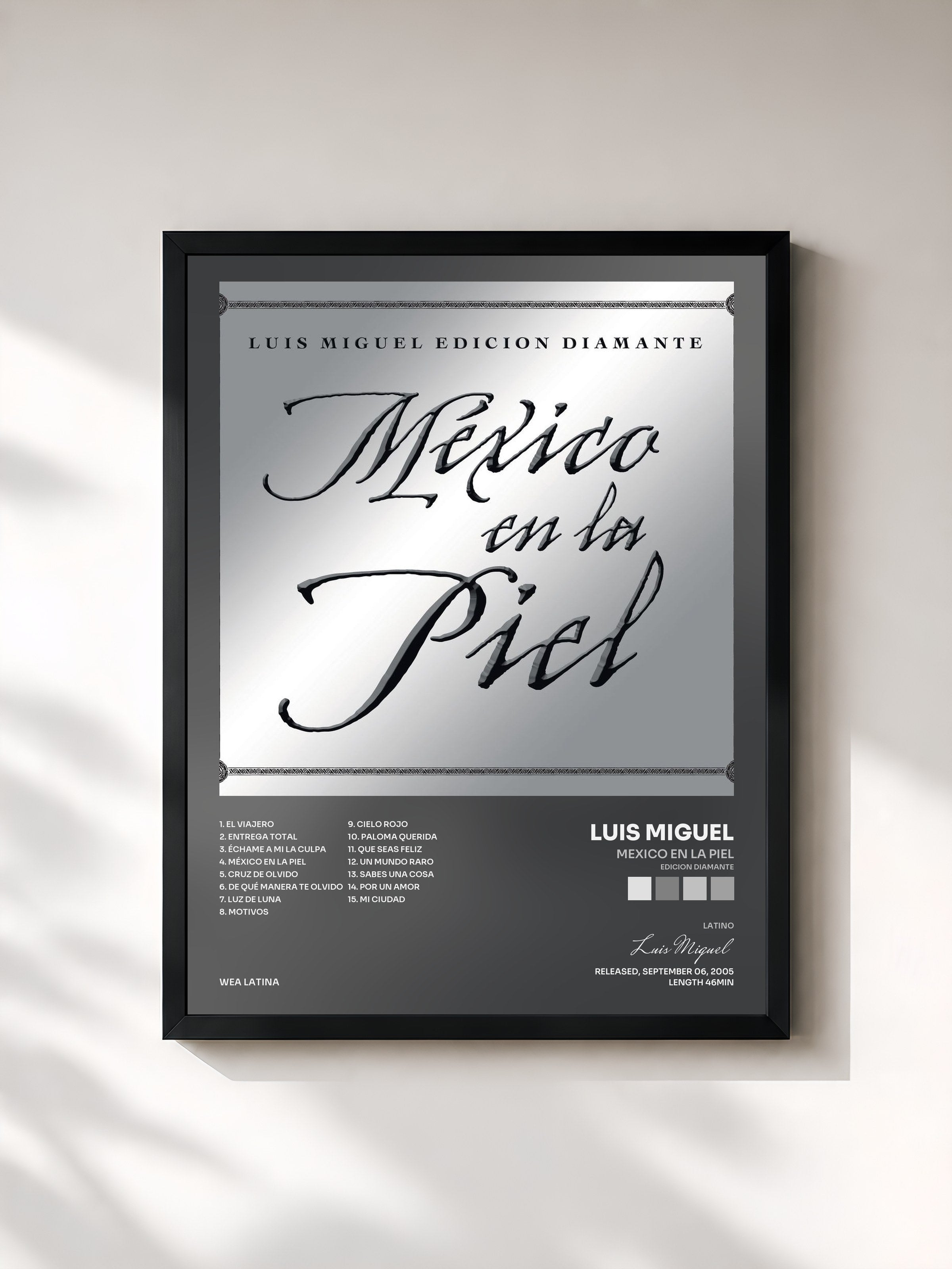 #noir Tableau de l'album Mexico en la Piel (edicion diamante) de Luis Miguel, cadre noir, imprimé et encadré en France