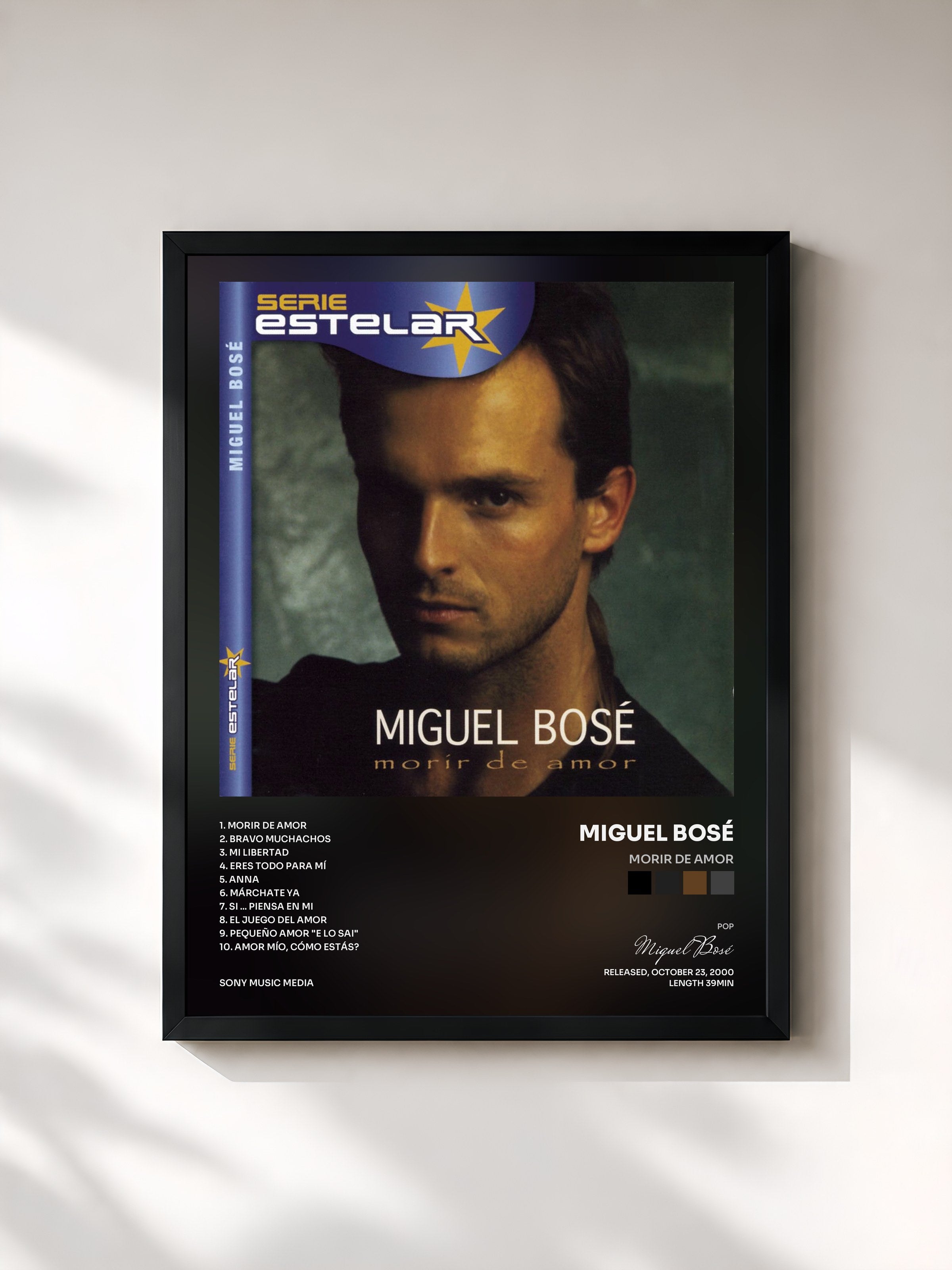 #noir Tableau de l'album Morir De Amor de Miguel Bosé, cadre noir, imprimé et encadré en France