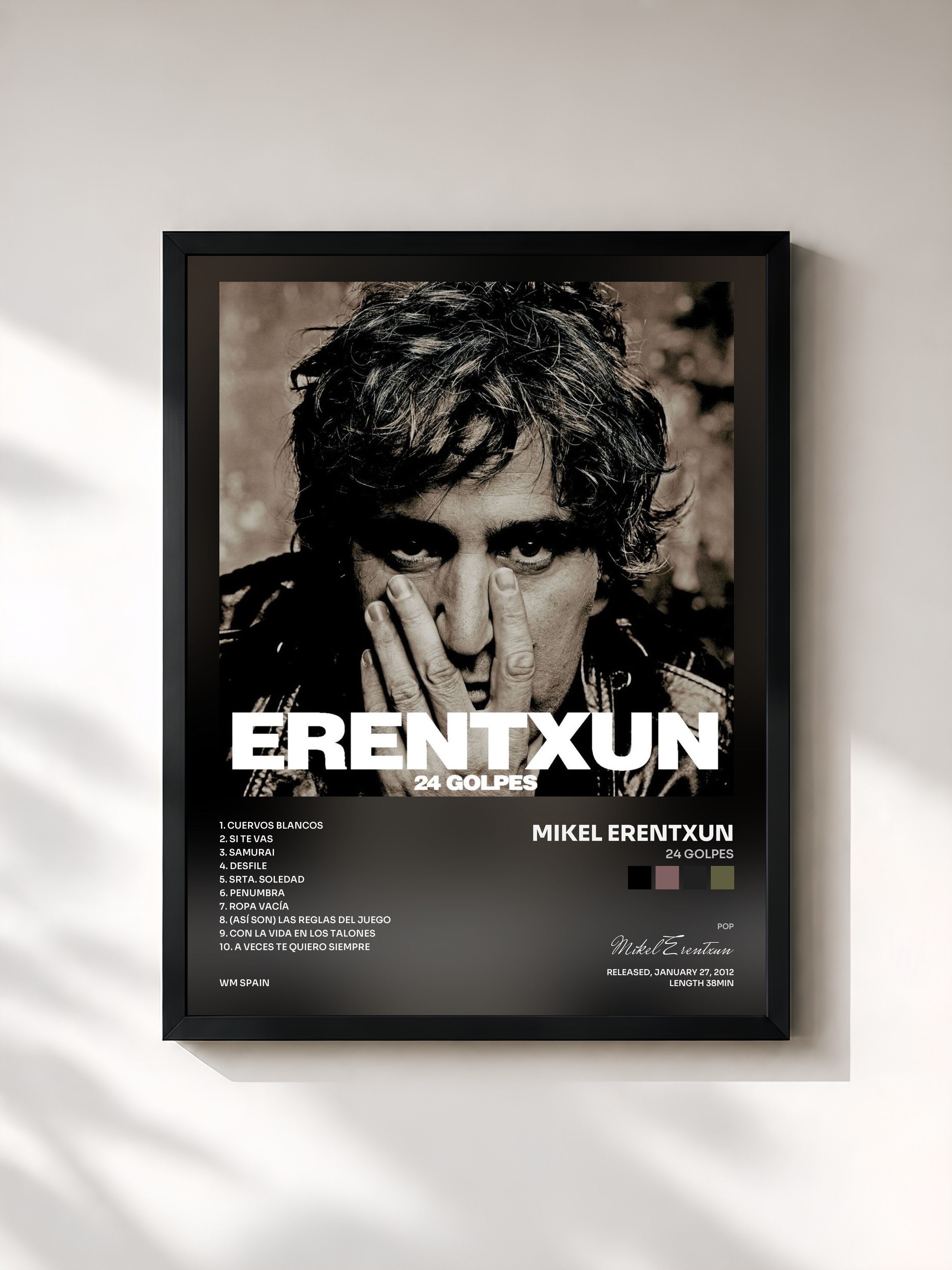 #noir Tableau de l'album 24 Golpes de Mikel Erentxun, cadre noir, imprimé et encadré en France
