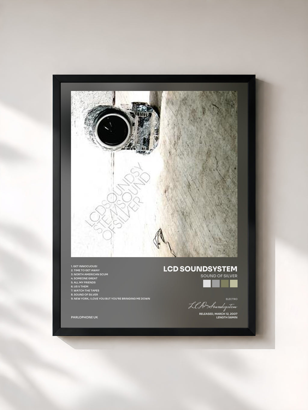#noir Tableau de l'album Sound of Silver de LCD Soundsystem, cadre noir, imprimé et encadré en France