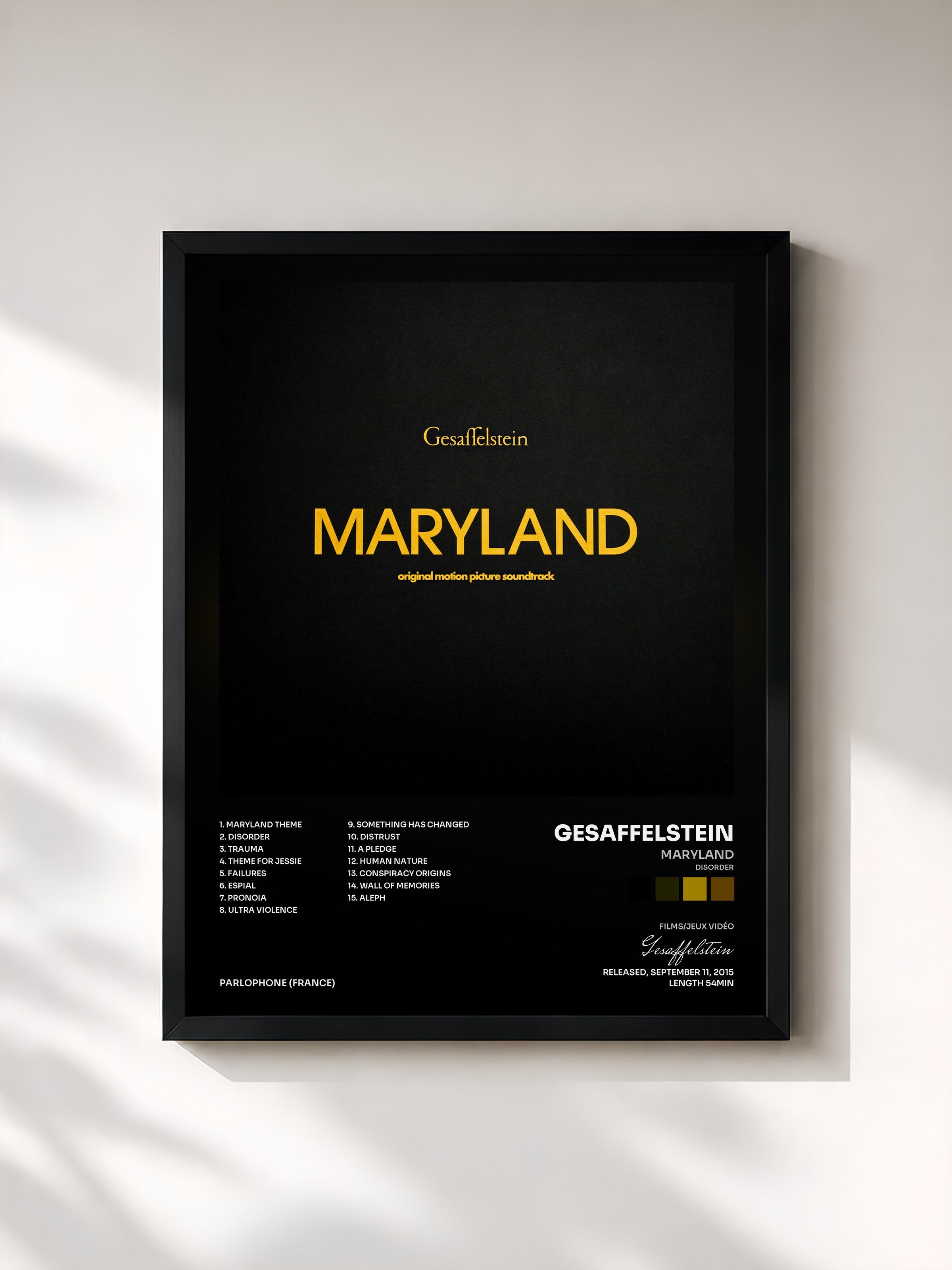 #noir Tableau de l'album Maryland (Disorder) de Gesaffelstein, cadre noir, imprimé et encadré en France