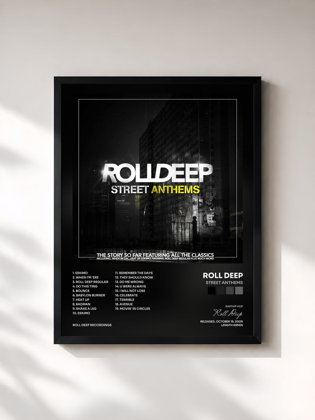 #noir Tableau de l'album Street Anthems de Roll Deep, cadre noir, imprimé et encadré en France