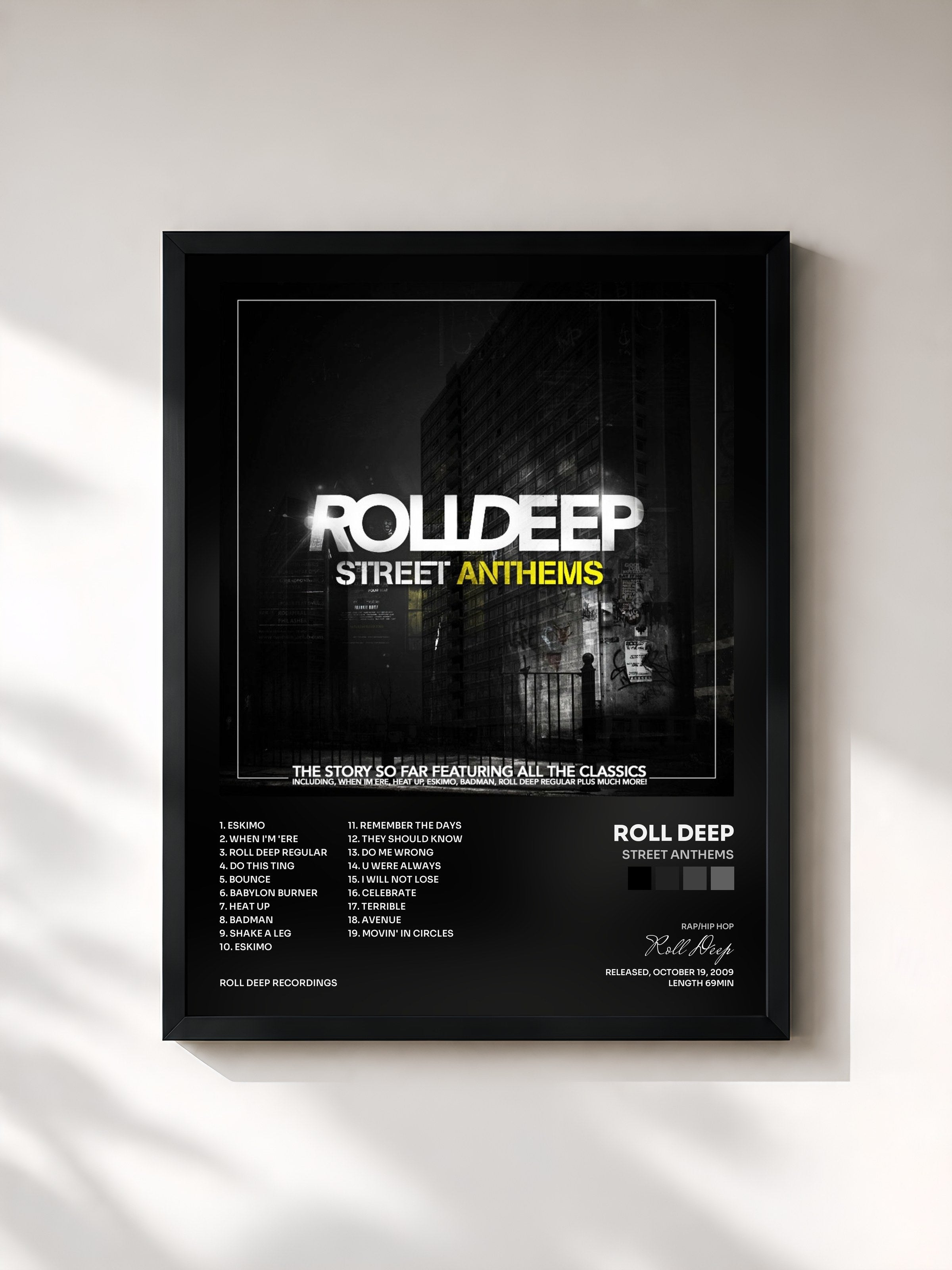 #noir Tableau de l'album Street Anthems de Roll Deep, cadre noir, imprimé et encadré en France