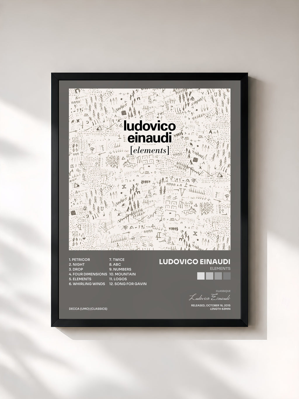 #noir Tableau de l'album Elements de Ludovico Einaudi, cadre noir, imprimé et encadré en France