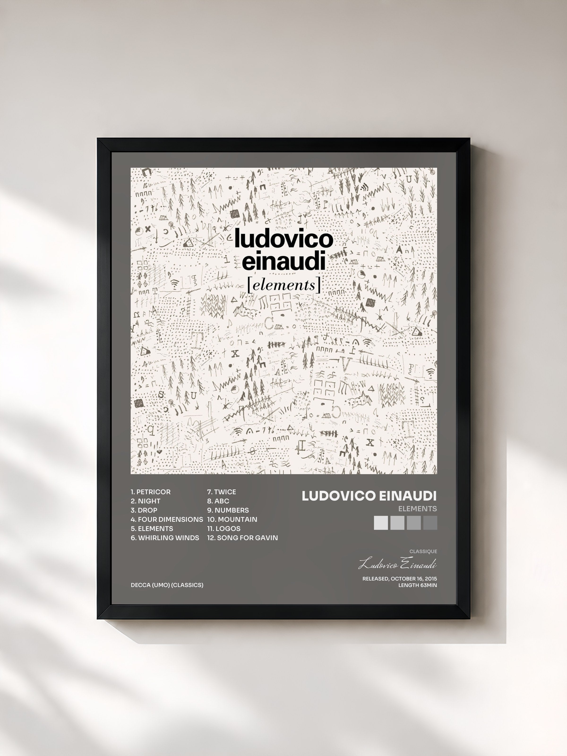 #noir Tableau de l'album Elements de Ludovico Einaudi, cadre noir, imprimé et encadré en France