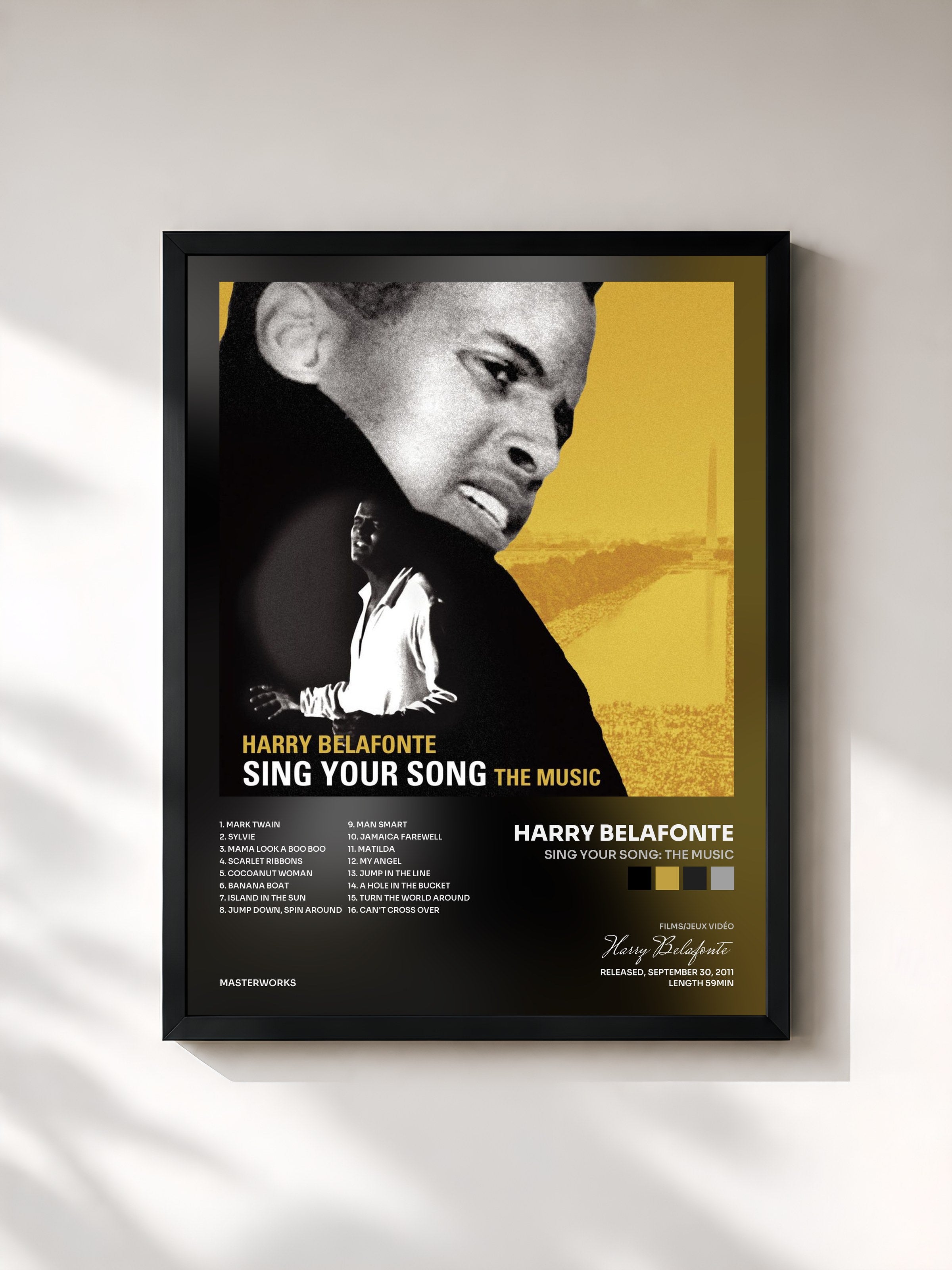 #noir Tableau de l'album SING YOUR SONG: The Music de Harry Belafonte, cadre noir, imprimé et encadré en France