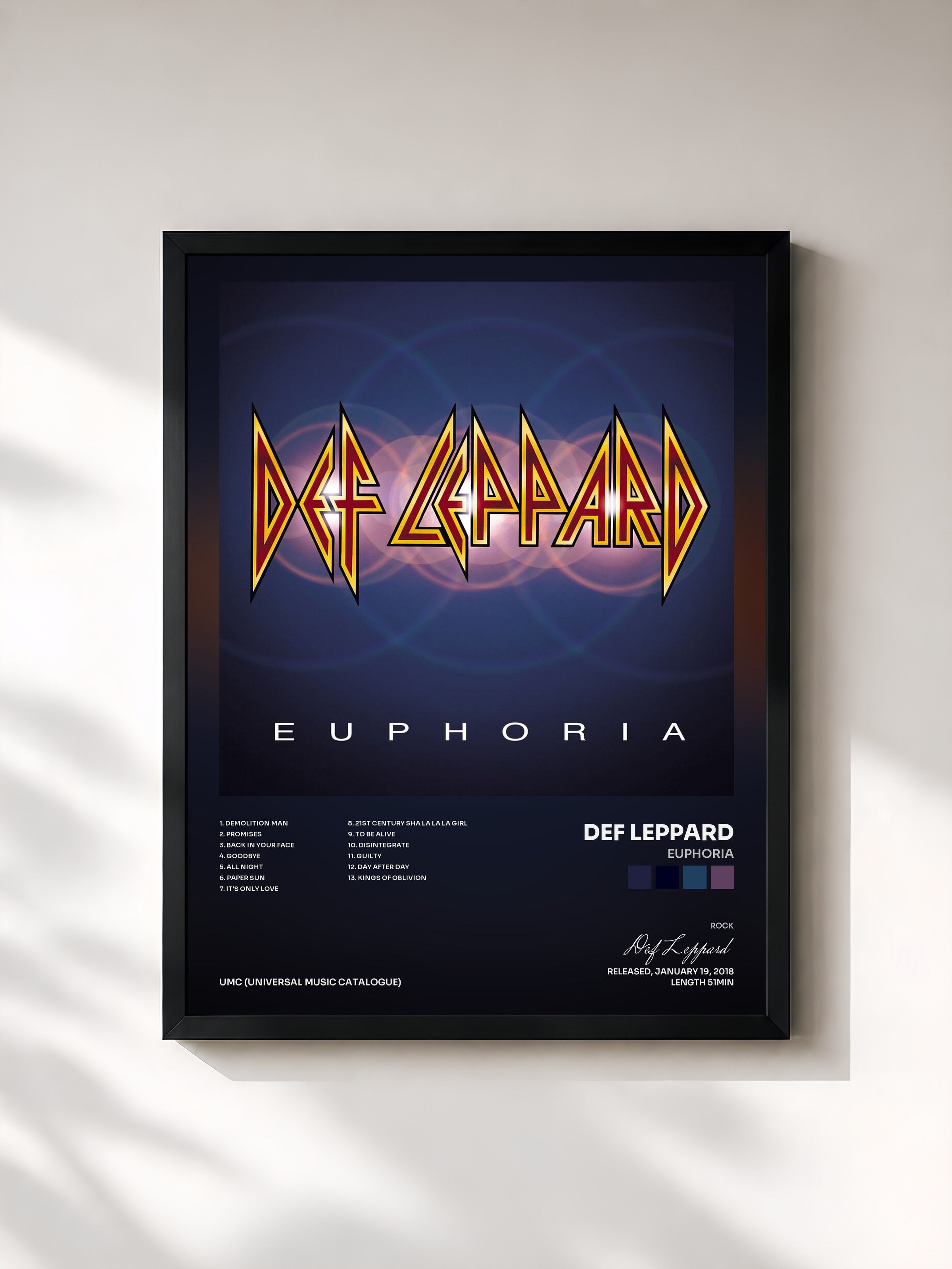 #noir Tableau de l'album Euphoria de Def Leppard, cadre noir, imprimé et encadré en France