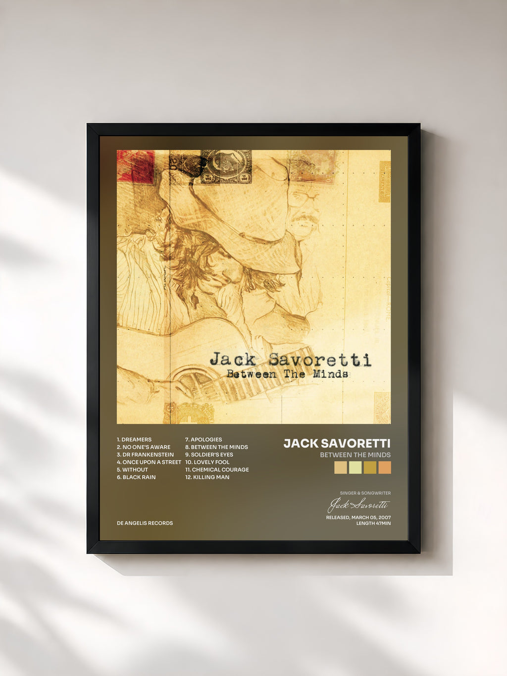 #noir Tableau de l'album Between The Minds de Jack Savoretti, cadre noir, imprimé et encadré en France