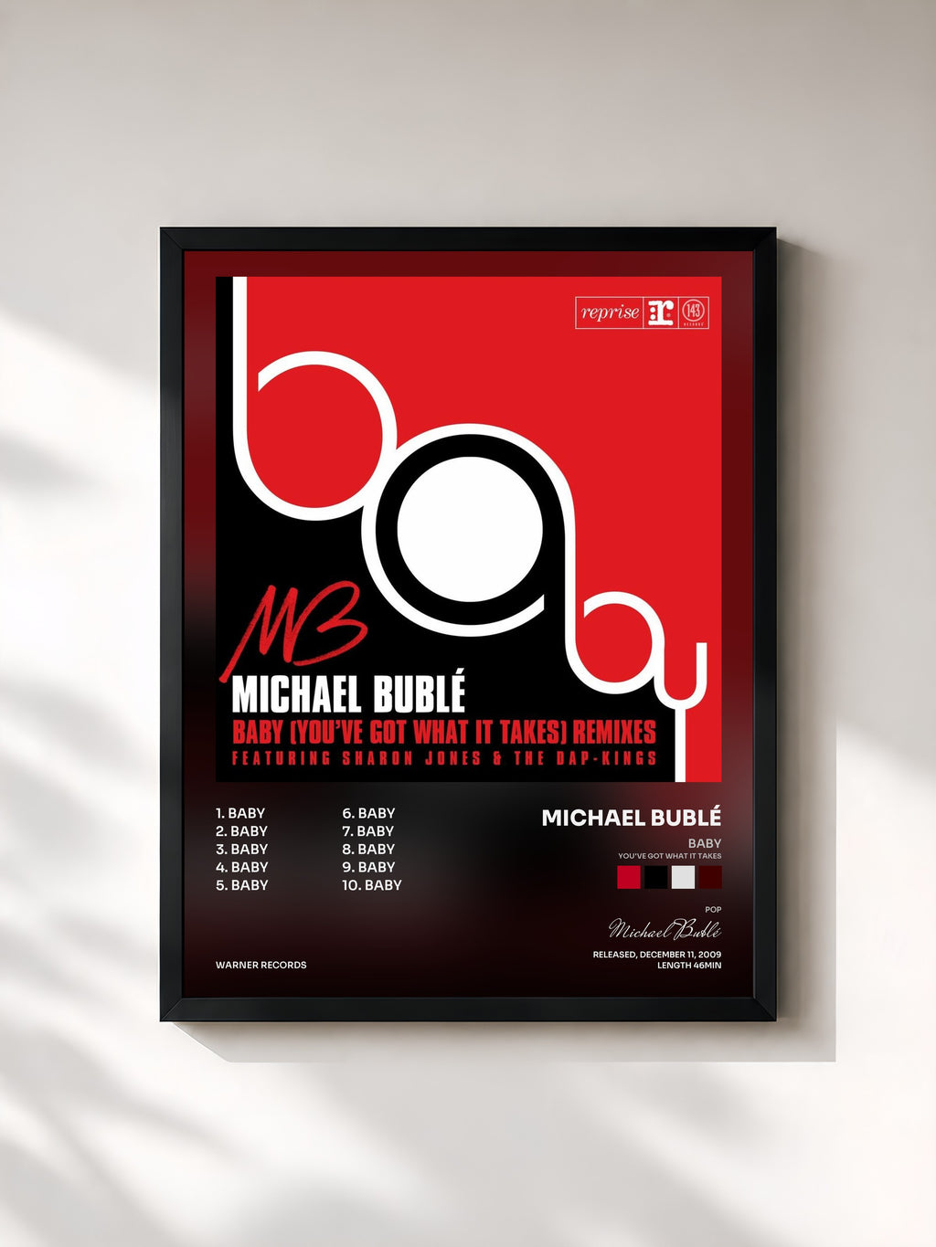 #noir Tableau de l'album Baby (You've Got What It Takes) de Michael Bublé, cadre noir, imprimé et encadré en France