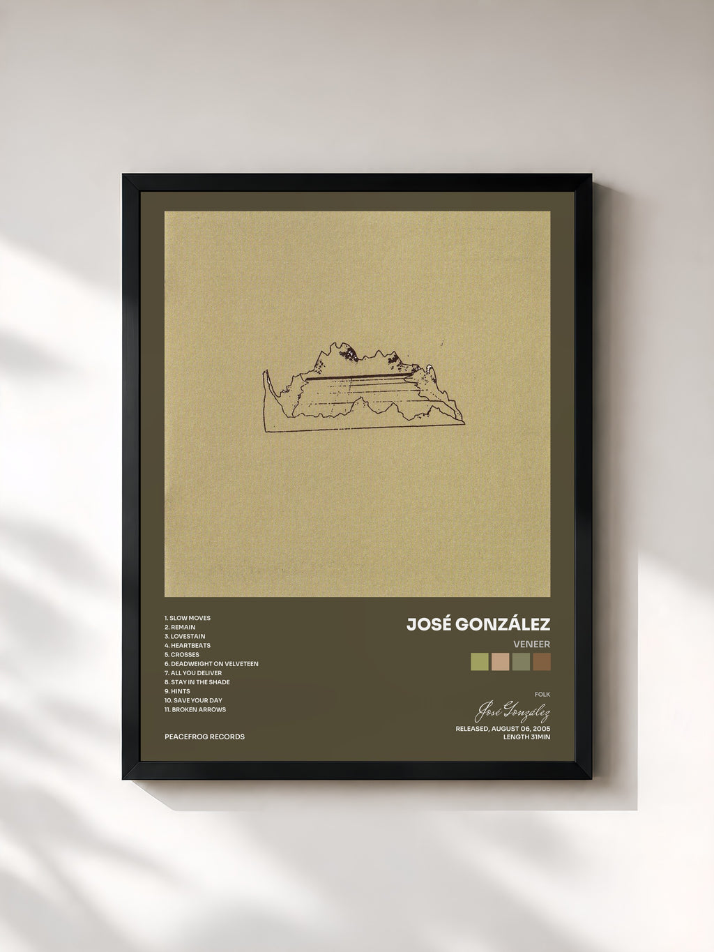 #noir Tableau de l'album Veneer de José González, cadre noir, imprimé et encadré en France