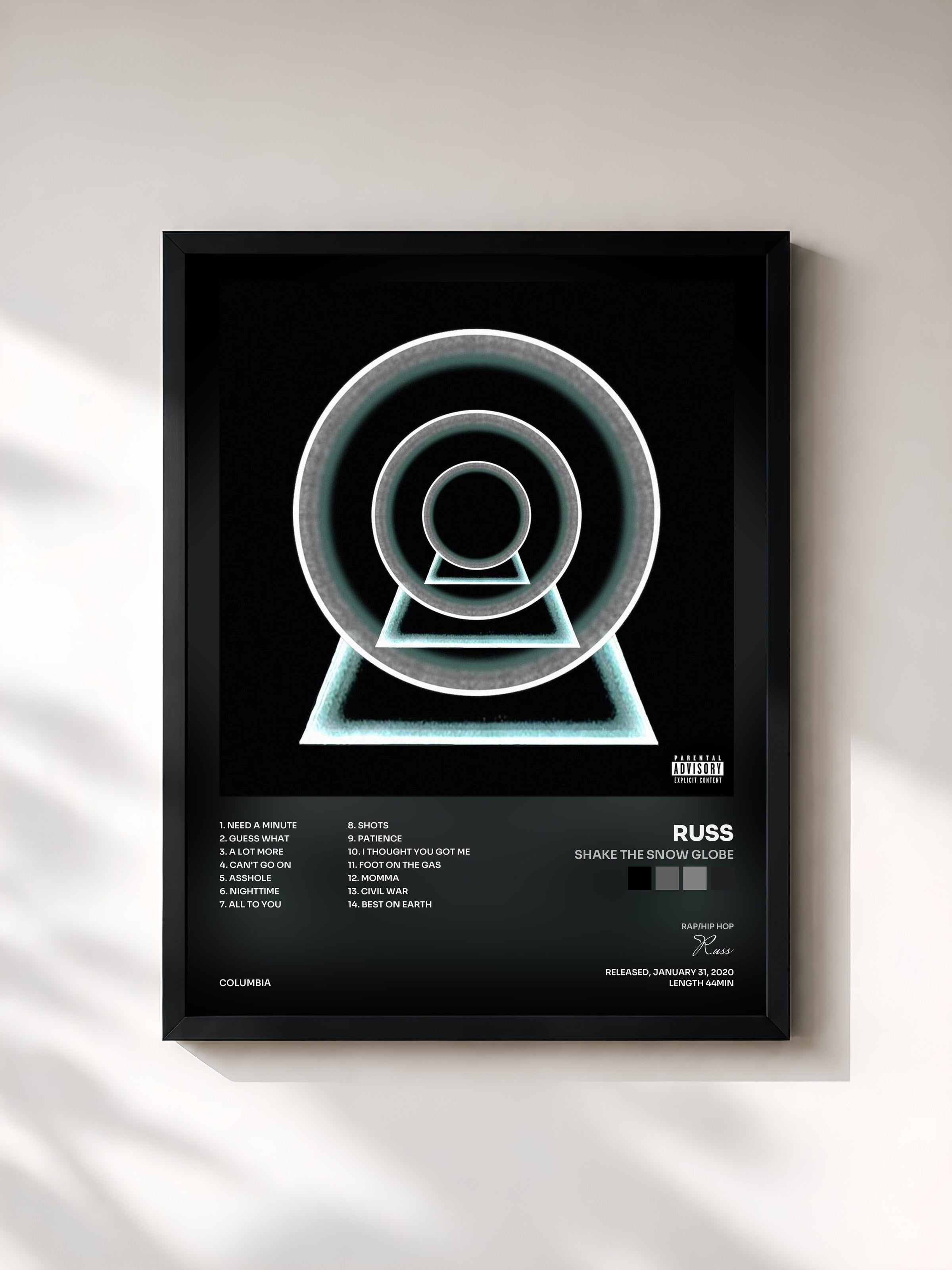 #noir Tableau de l'album SHAKE THE SNOW GLOBE de Russ, cadre noir, imprimé et encadré en France