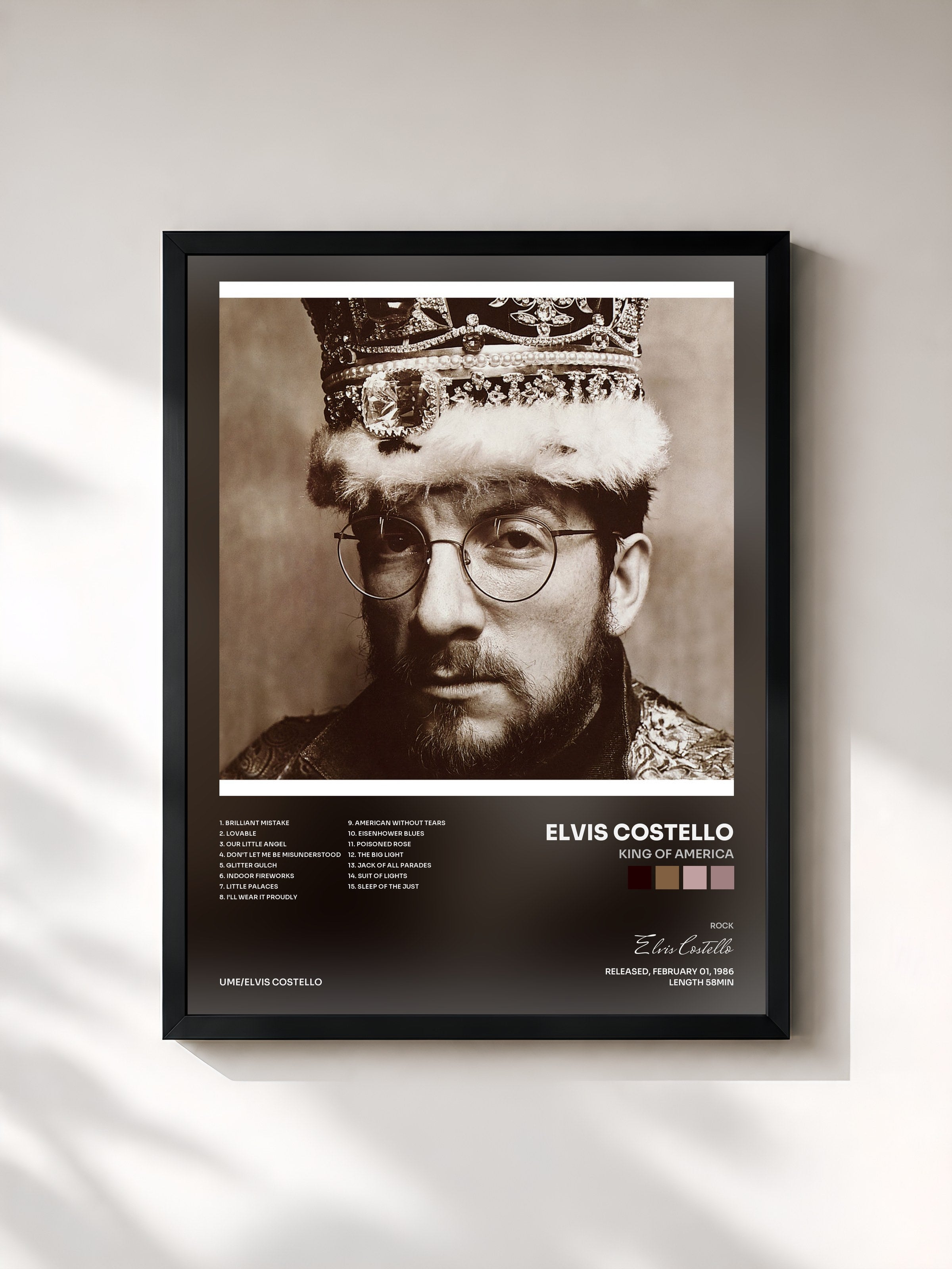 #noir Tableau de l'album King Of America de Elvis Costello, cadre noir, imprimé et encadré en France